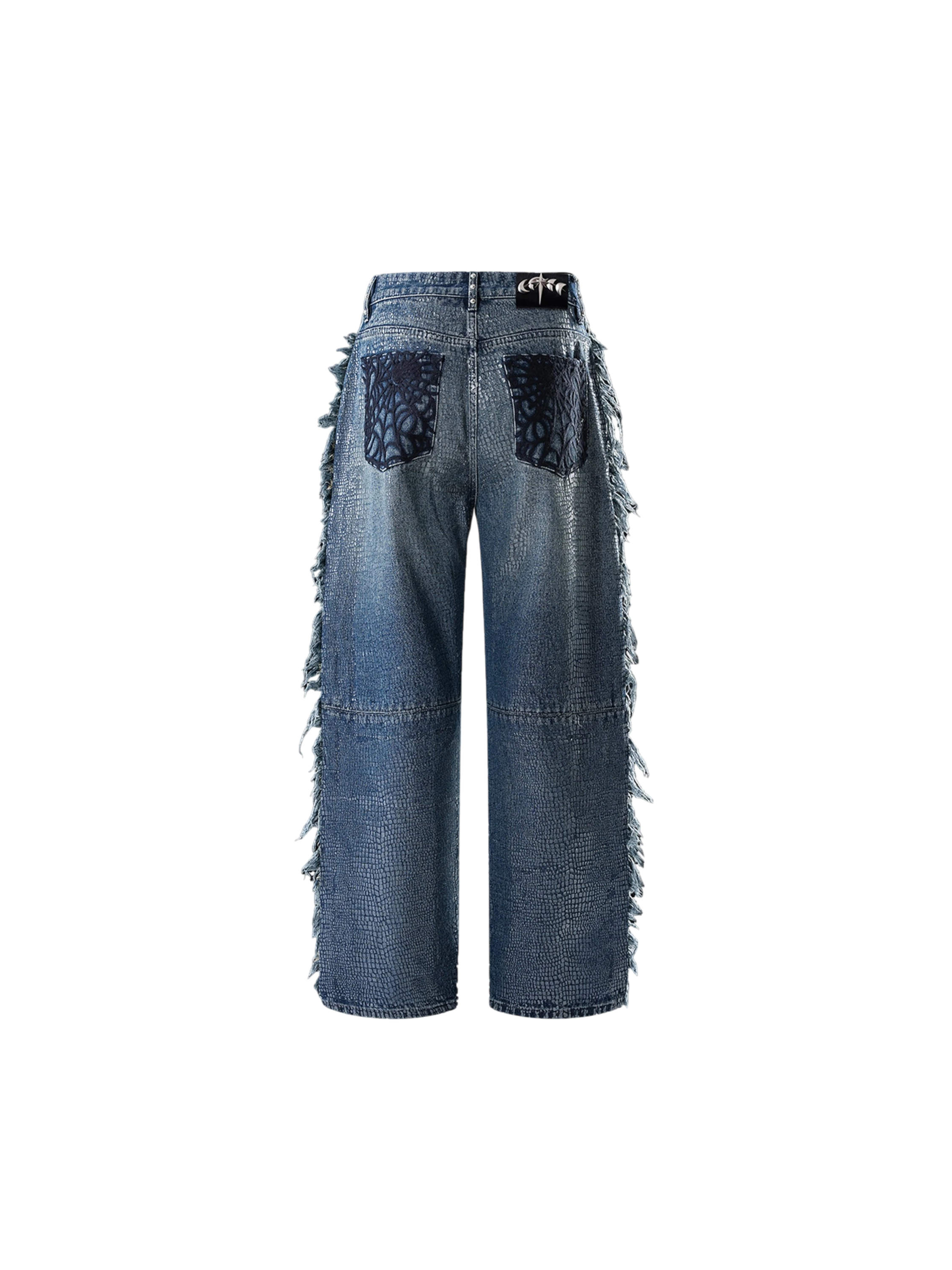 TBHNP Luminous Dawn cobweb fringed baggy jeans — men's streetwear denim