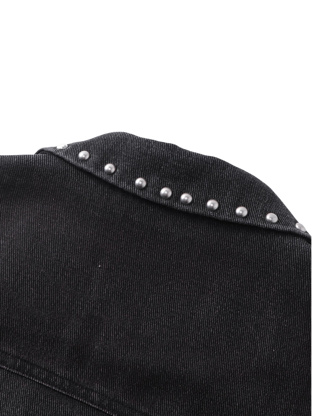 Close-up of the studded lapel placket on TBHNP spray-painted blazer — men's streetwear detail