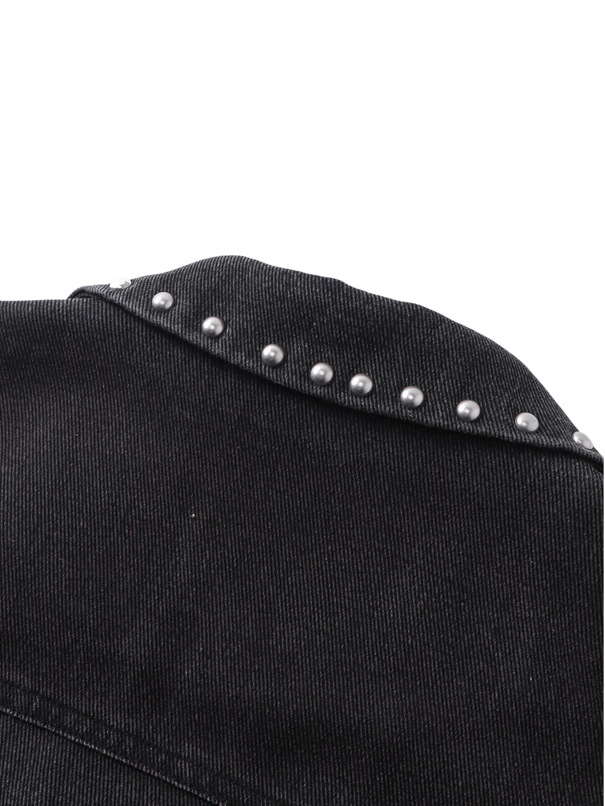 Close-up of the studded lapel placket on TBHNP spray-painted blazer — men's streetwear detail
