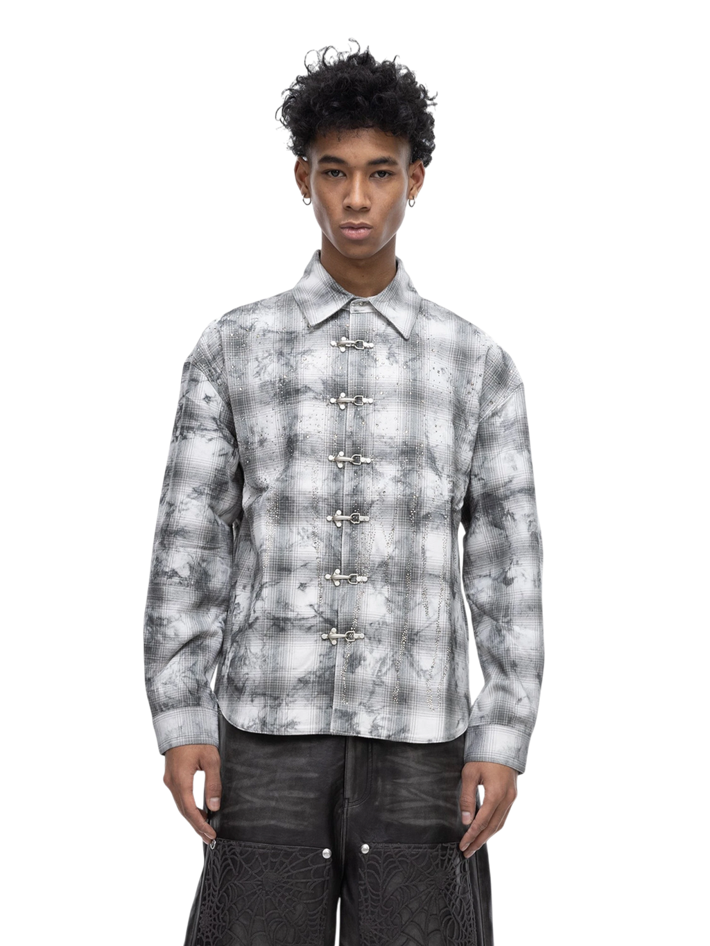 ECLIPSE OF THE BLOOD MOON RHINESTONE BUCKLE PLAID SHIRT