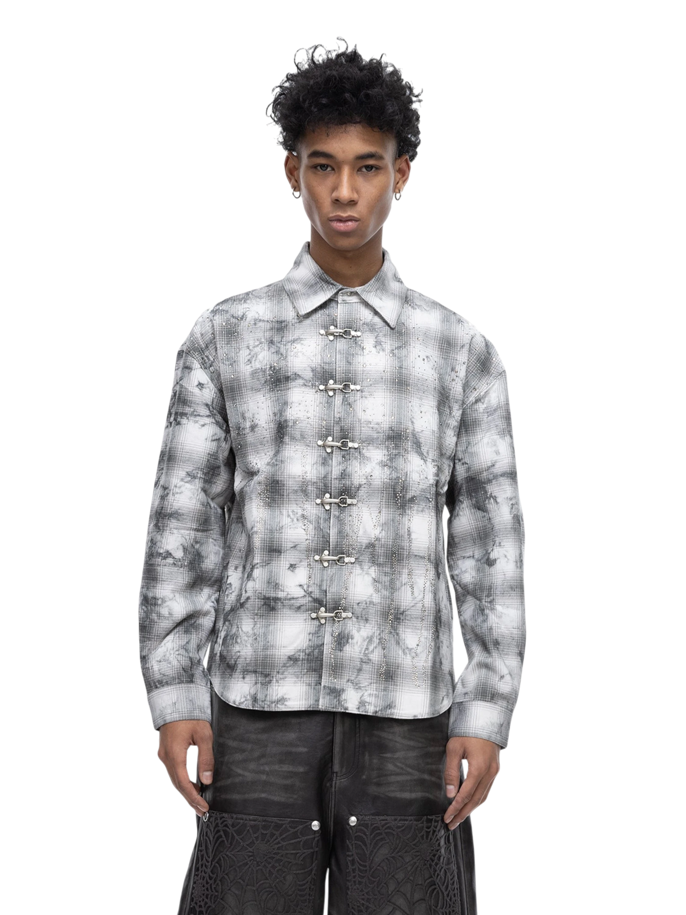 TBHNP Eclipse of the Blood Moon rhinestone buckle plaid flannel shirt — men's gothic streetwear button-up