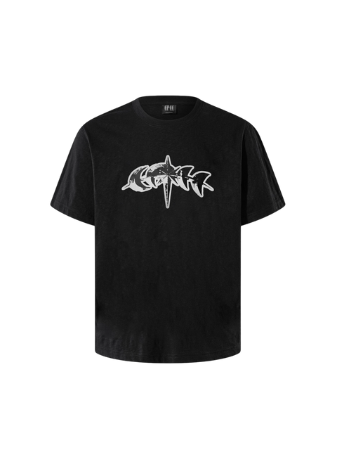 Black Luminous Dawn 3M reflective star graphic T-shirt, front view