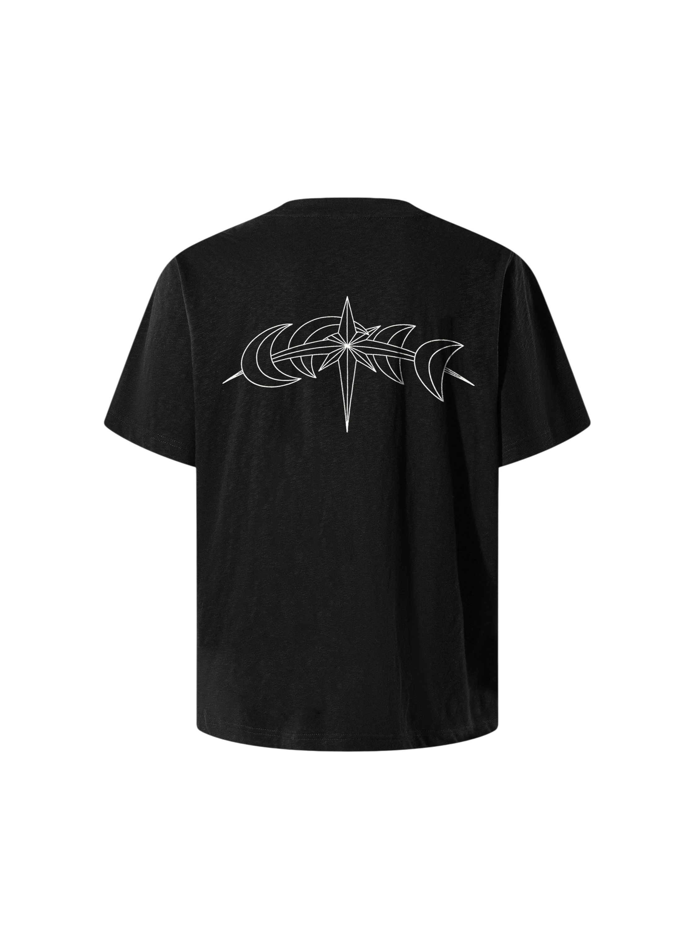 Camiseta negra Luminous Dawn, vista trasera con gráfica blanca de estrella astral y medias lunas