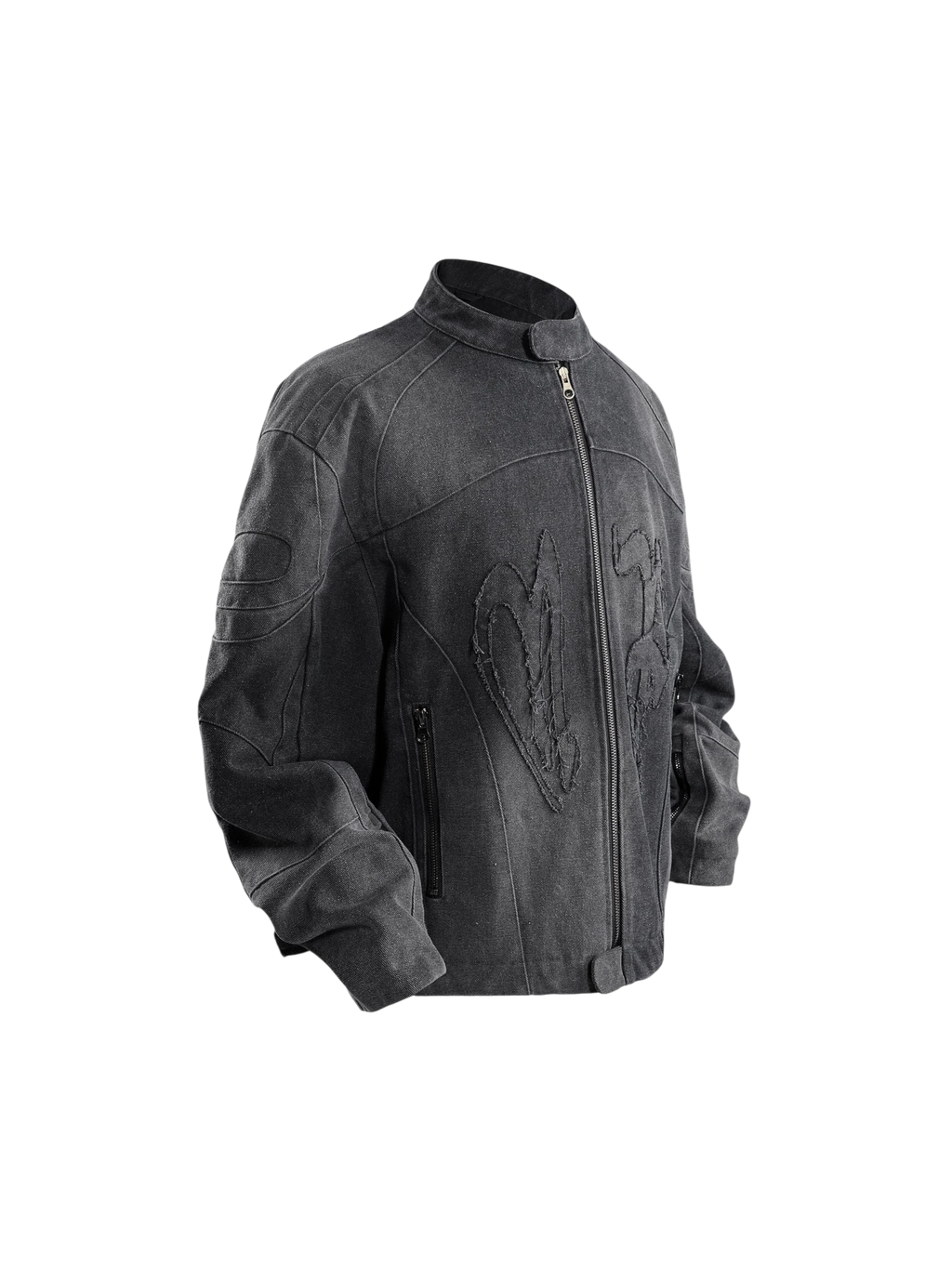 TBHNP Prince of Darkness canvas moto jacket, back view with tonal embroidery — men's streetwear jacket