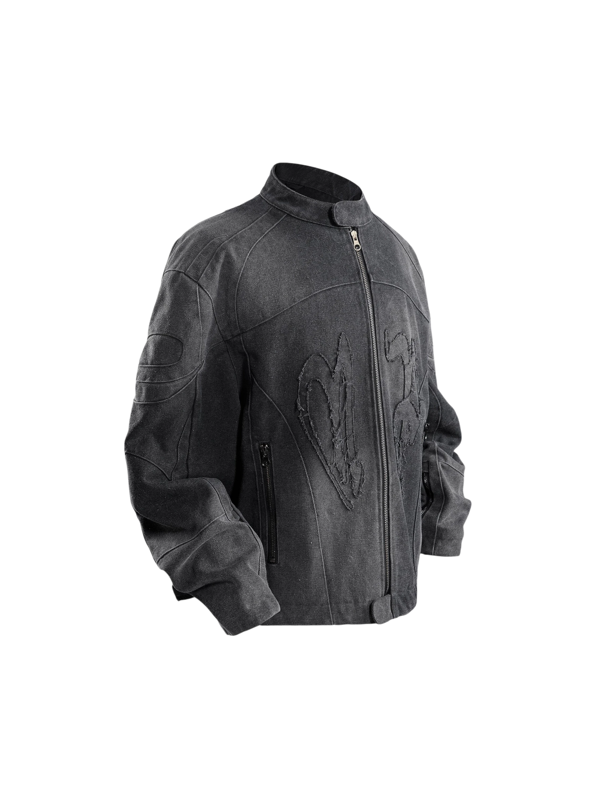 TBHNP Prince of Darkness canvas moto jacket, back view with tonal embroidery — men's streetwear jacket