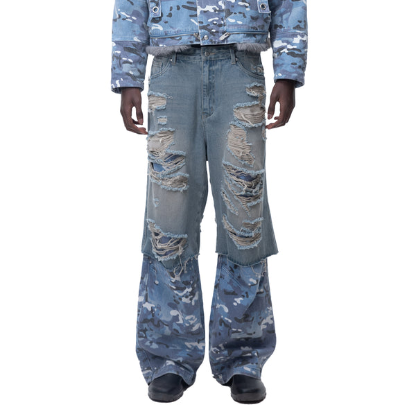 ECLIPSE OF THE BLOOD MOON DISTRESSED DENIM BLUE CAMOUFLAGE LAYERED PANTS