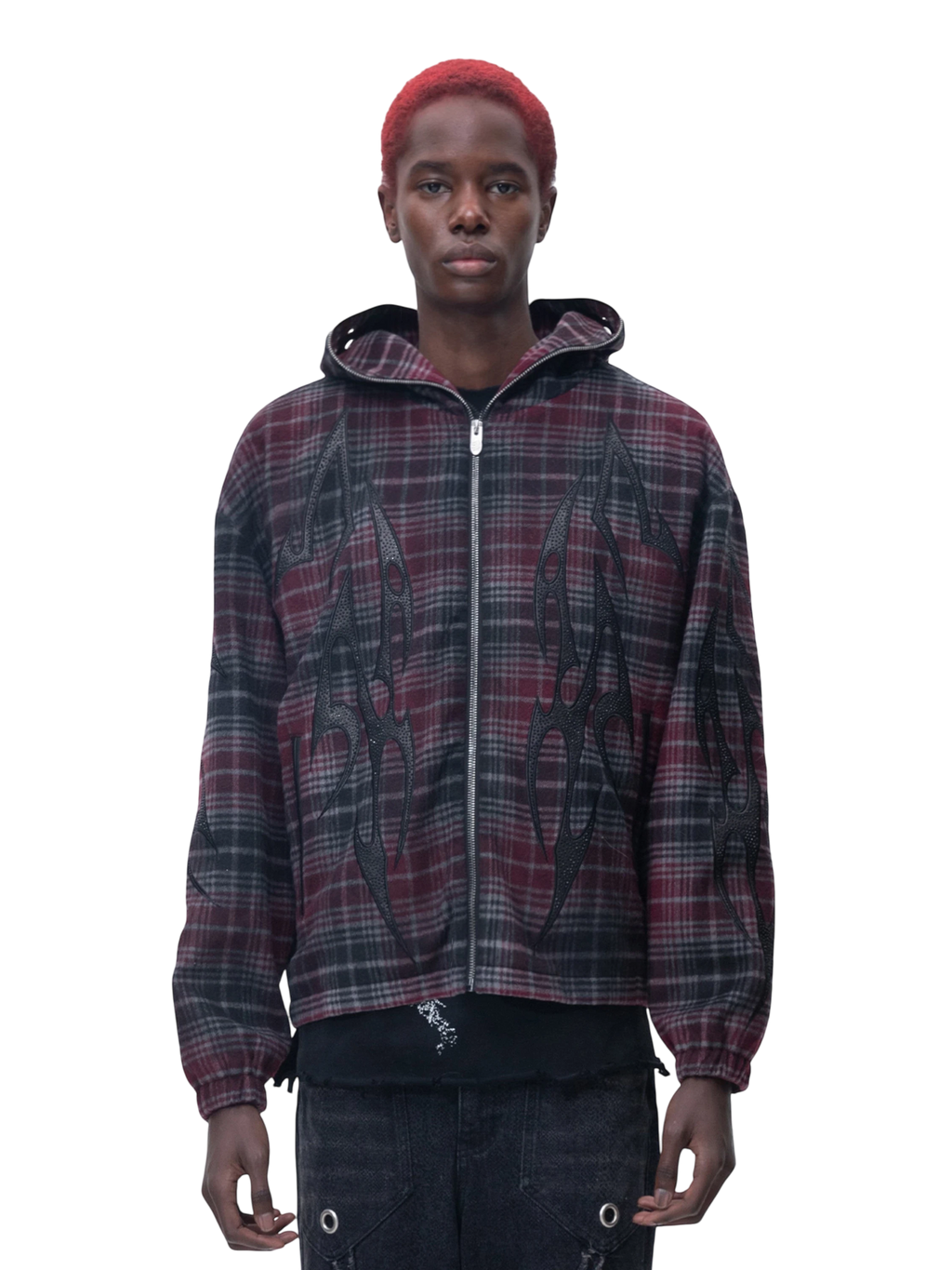 TBHNP Eclipse of the Blood Moon knight plaid zip hooded shirt — men's gothic streetwear shirt