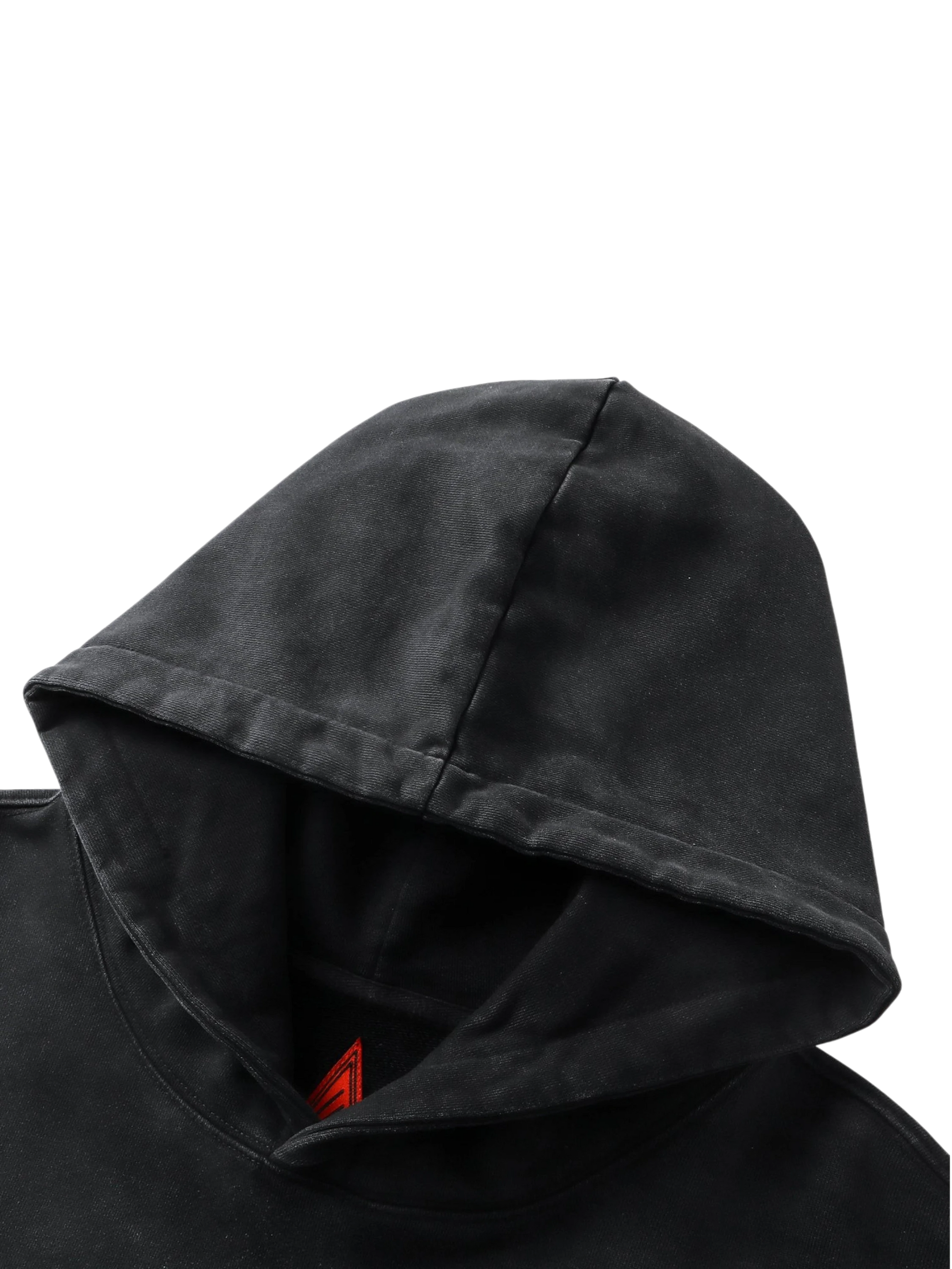 Close-up of the hood and drawcord on TBHNP black knight hoodie — men's streetwear detail