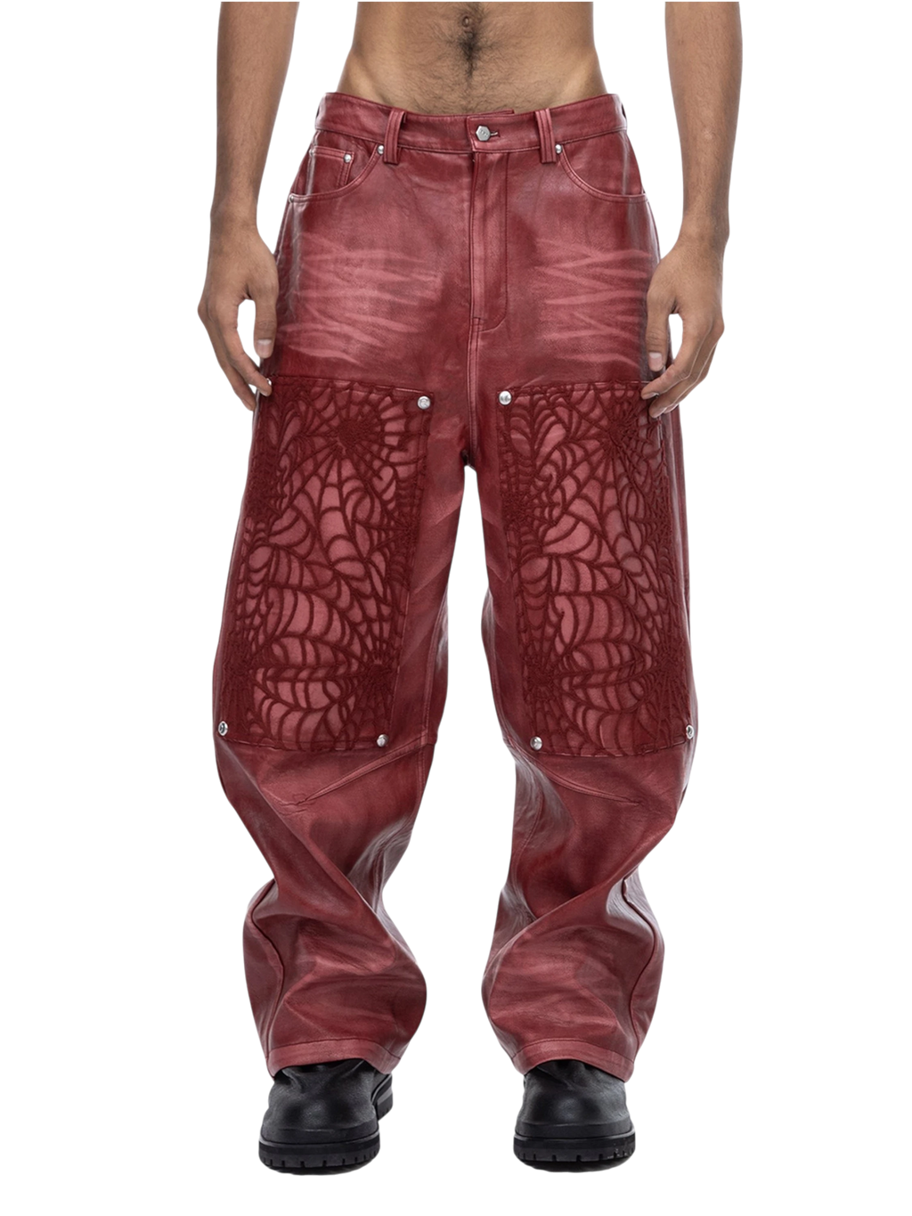 ECLIPSE OF THE BLOOD MOON COBWEB EMBROIDERED FAUX LEATHER PANTS