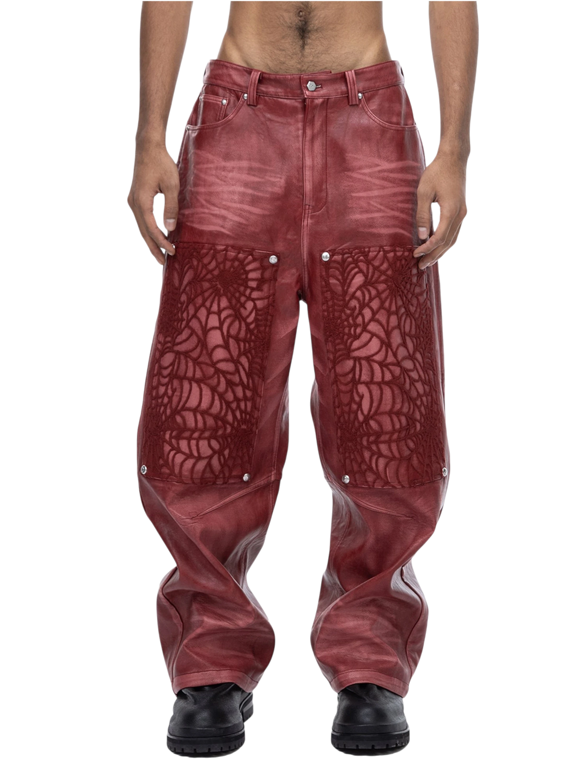 TBHNP Eclipse of the Blood Moon cobweb embroidered faux leather pants — men's gothic streetwear trousers