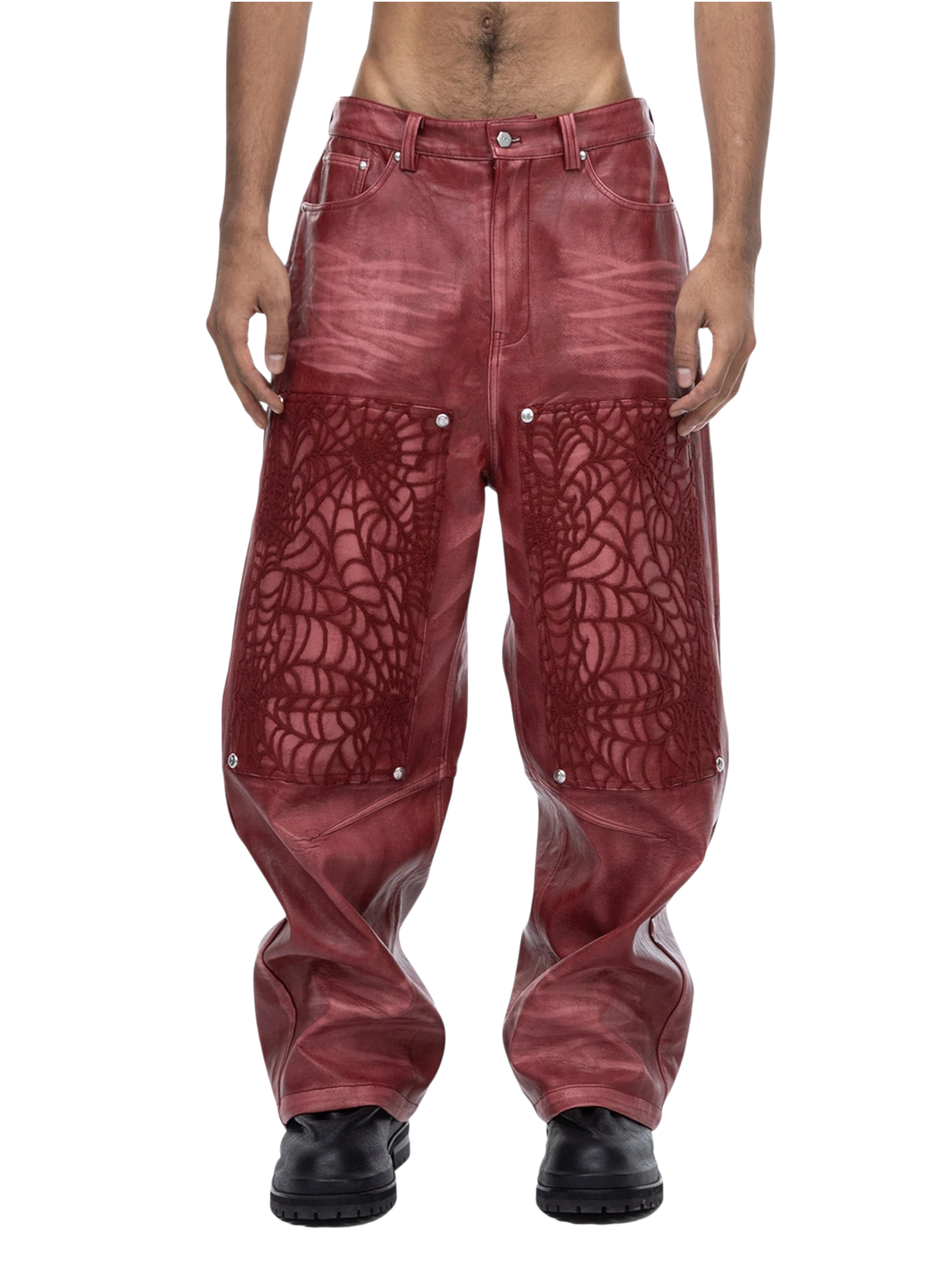 TBHNP Eclipse of the Blood Moon cobweb embroidered faux leather pants — men's gothic streetwear trousers