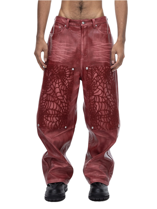 ECLIPSE OF THE BLOOD MOON COBWEB EMBROIDERED FAUX LEATHER PANTS