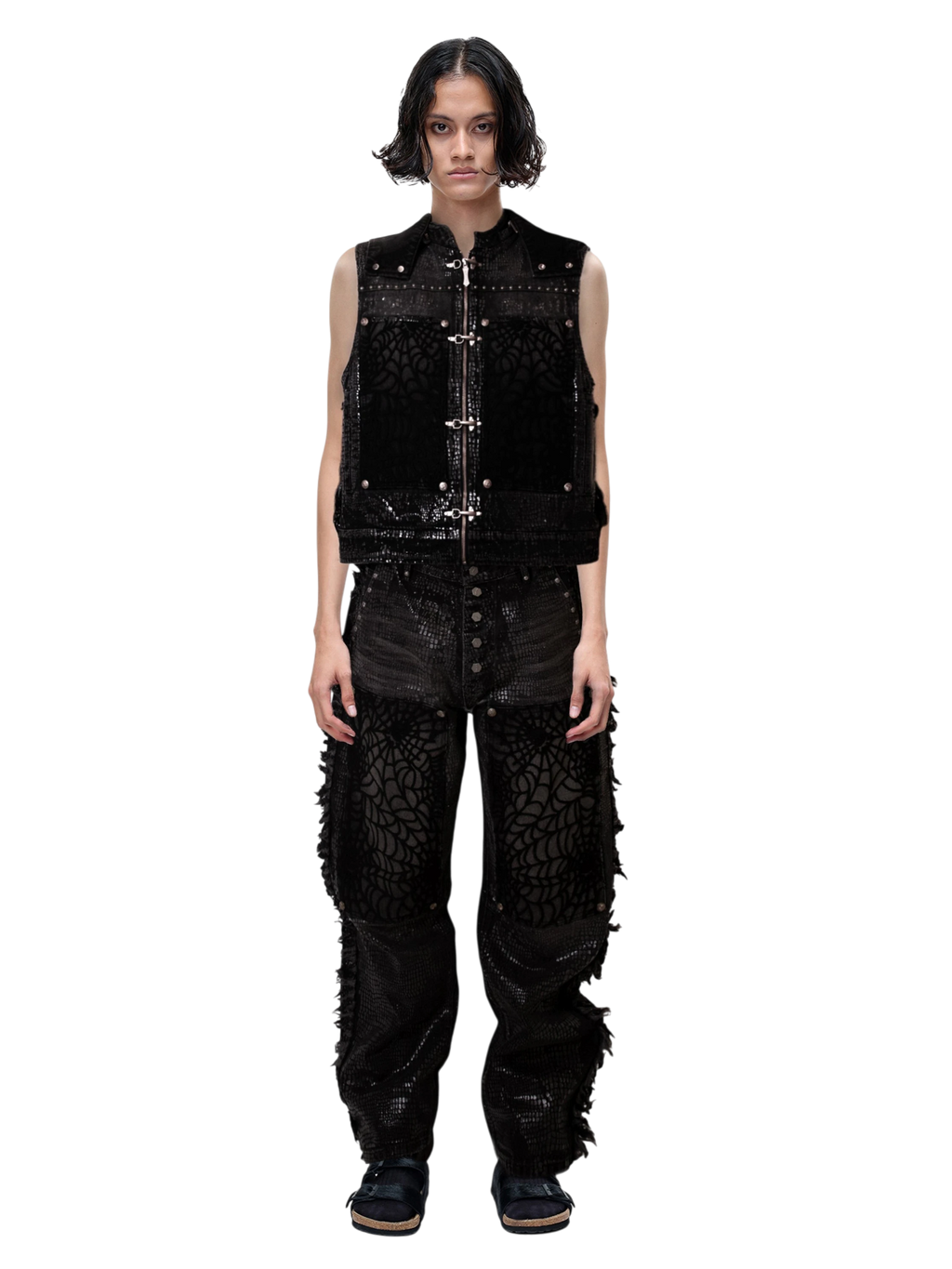 TBHNP Luminous Dawn cobweb distressed denim vest — men's streetwear vest
