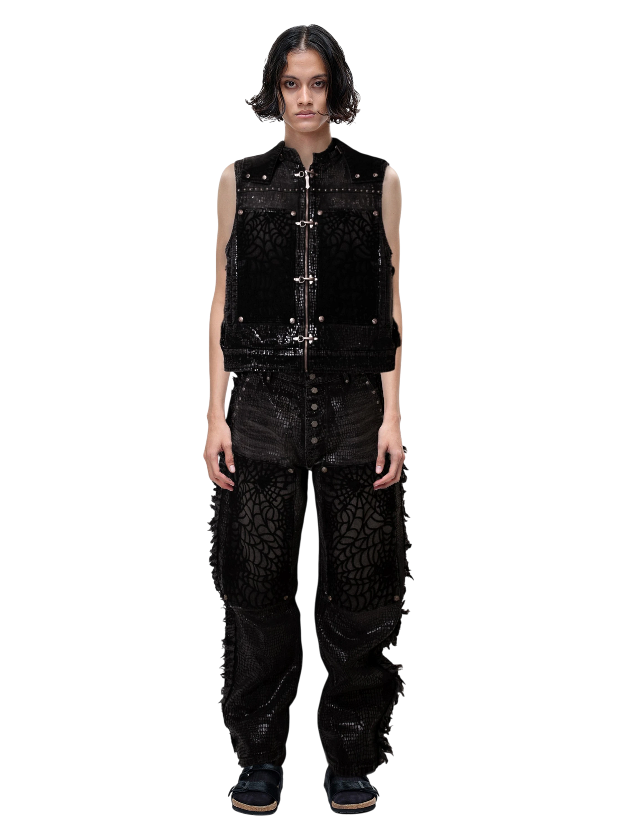 TBHNP Luminous Dawn cobweb distressed denim vest — men's streetwear vest