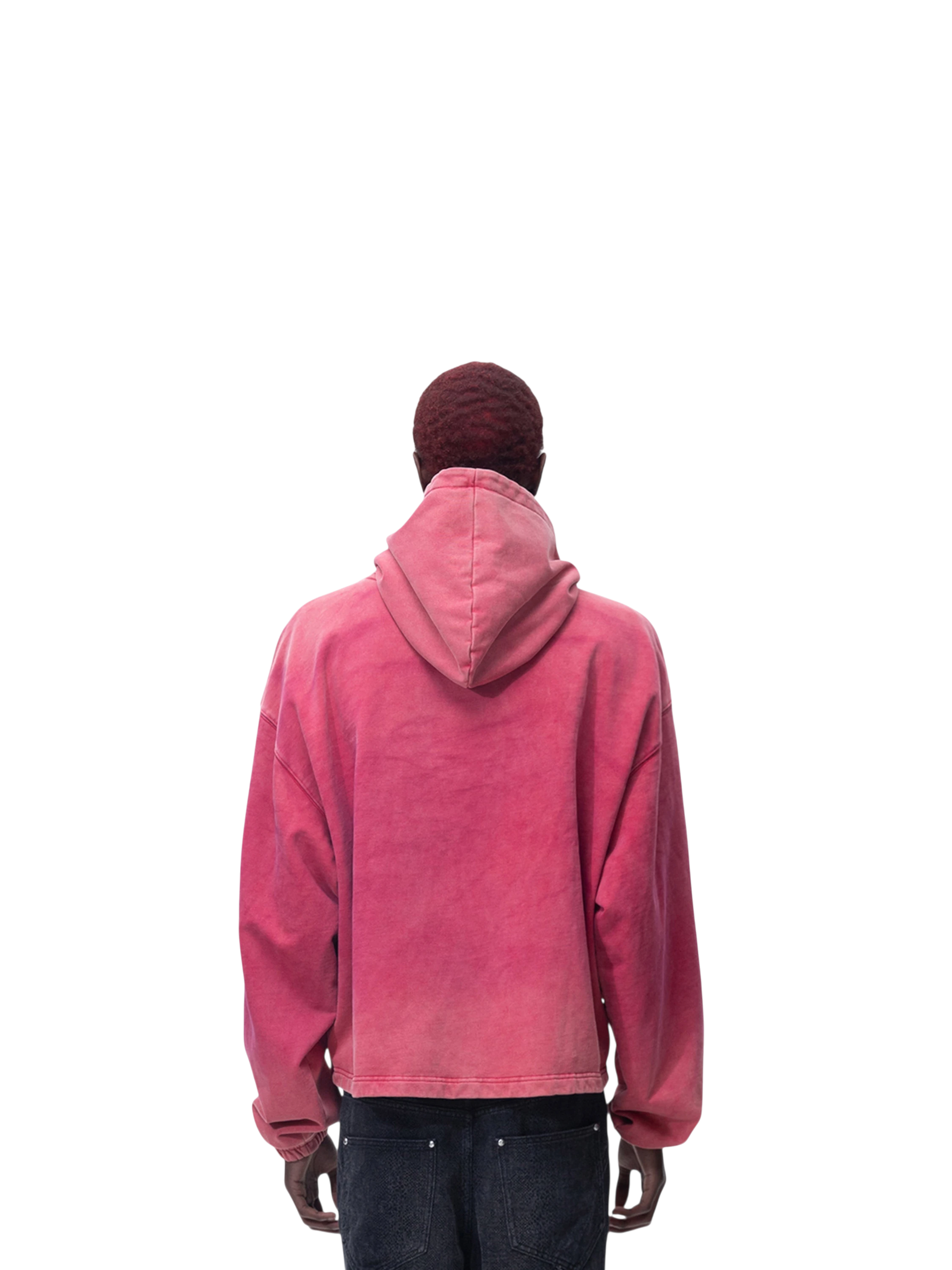 Model styling TBHNP red arrival knight hoodie, front detail — men's streetwear hoodie