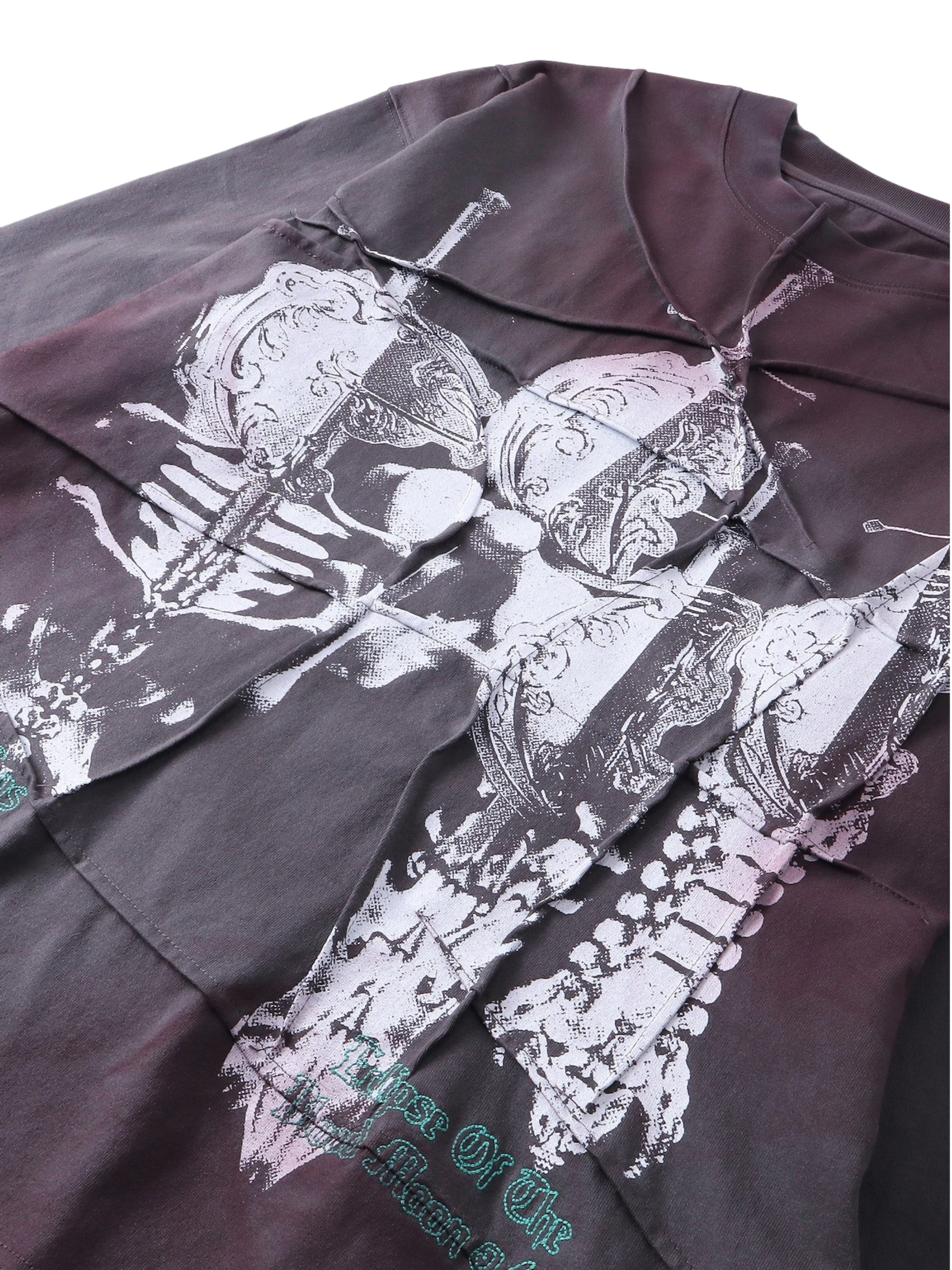 Close-up of the printed graphic detail on TBHNP crinkle-wash long-sleeve tee — men's streetwear detail