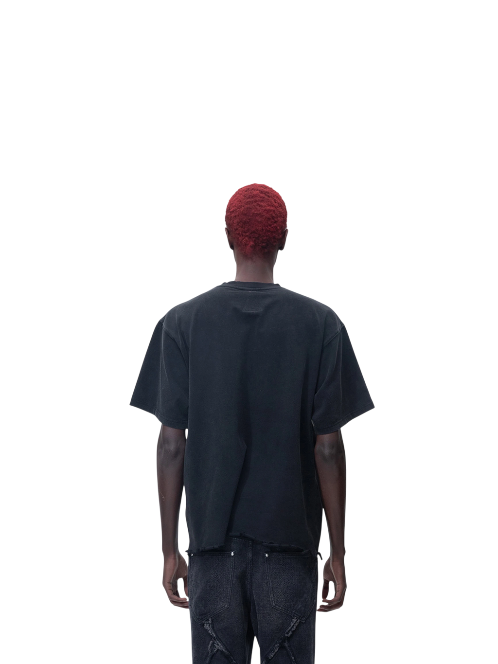 Model wearing TBHNP black Wraith Sorcerer destroyed tee, back view — men's streetwear tee