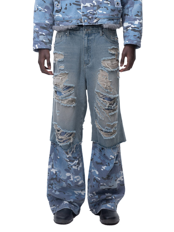 ECLIPSE OF THE BLOOD MOON DISTRESSED DENIM BLUE CAMOUFLAGE LAYERED PANTS