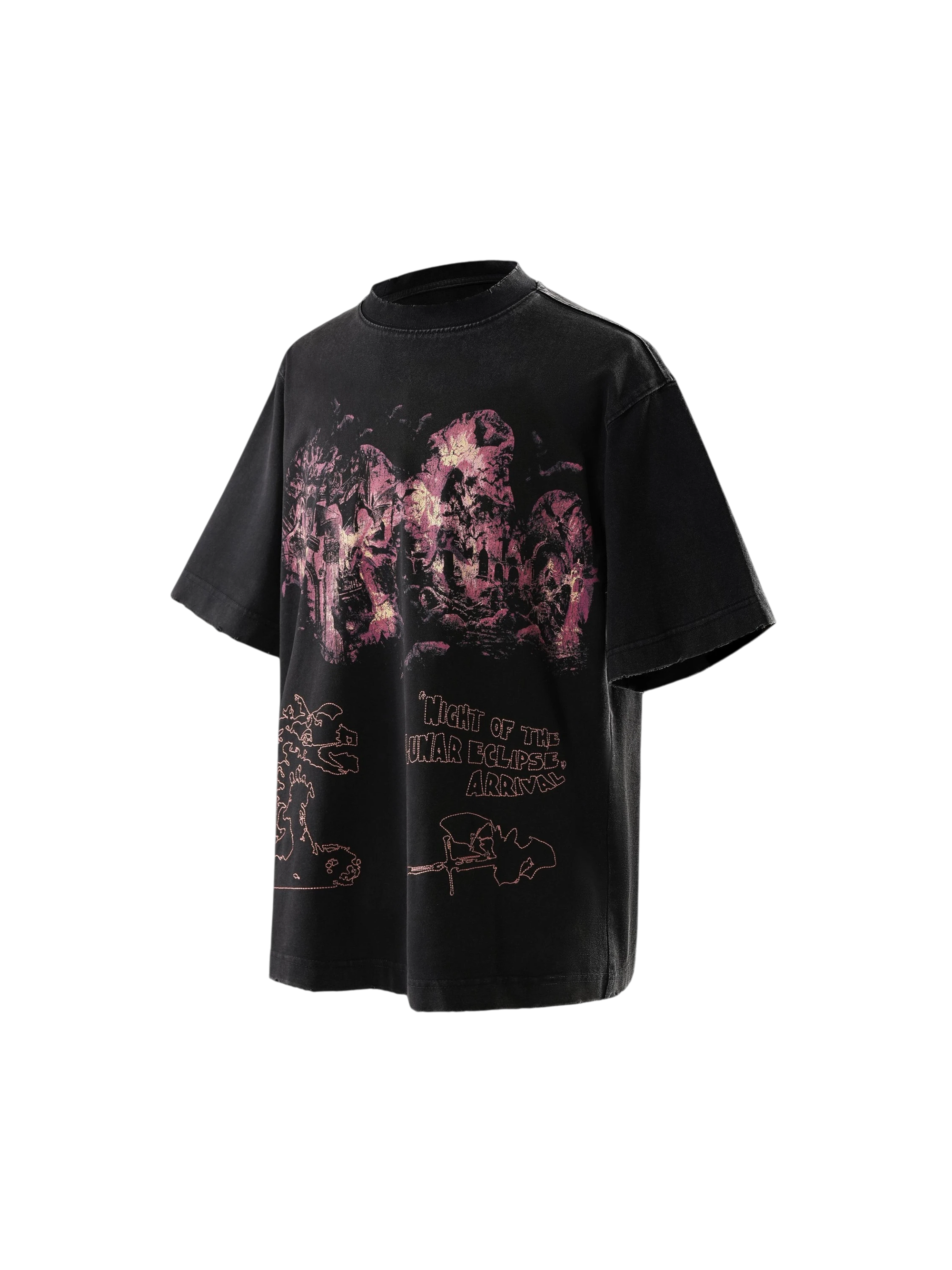 TBHNP black arrival deconstructed short-sleeve tee, front flat-lay — men's streetwear tee