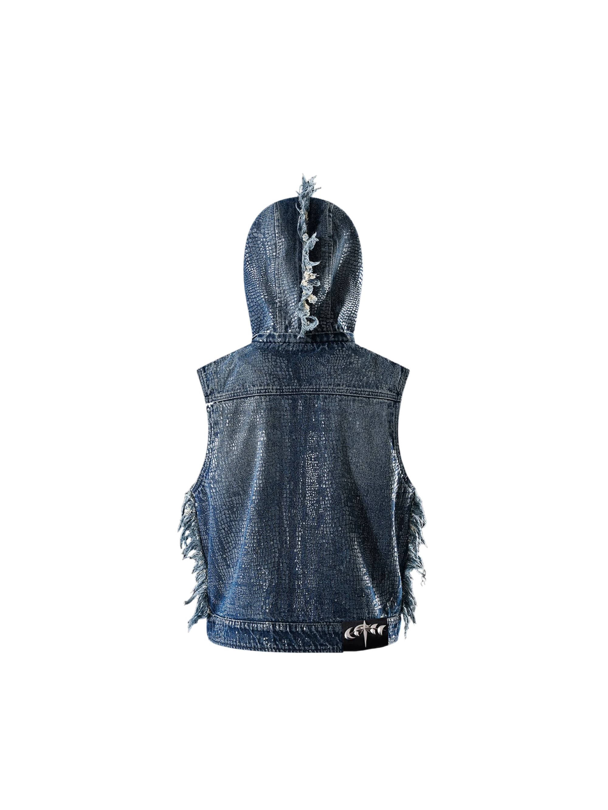 TBHNP Luminous Dawn cobweb distressed denim vest — men's streetwear vest