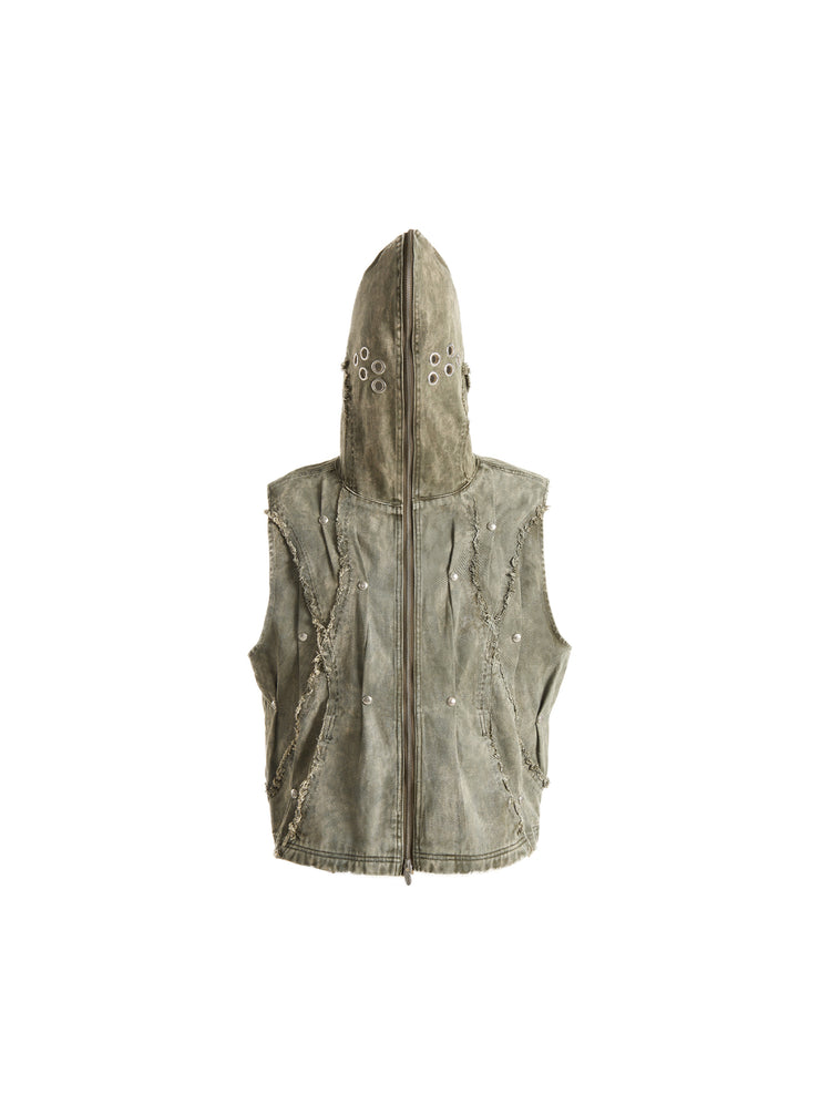 ECLIPSE OF THE BLOOD MOON BRUSHED TEXTURE DENIM HOODED VEST