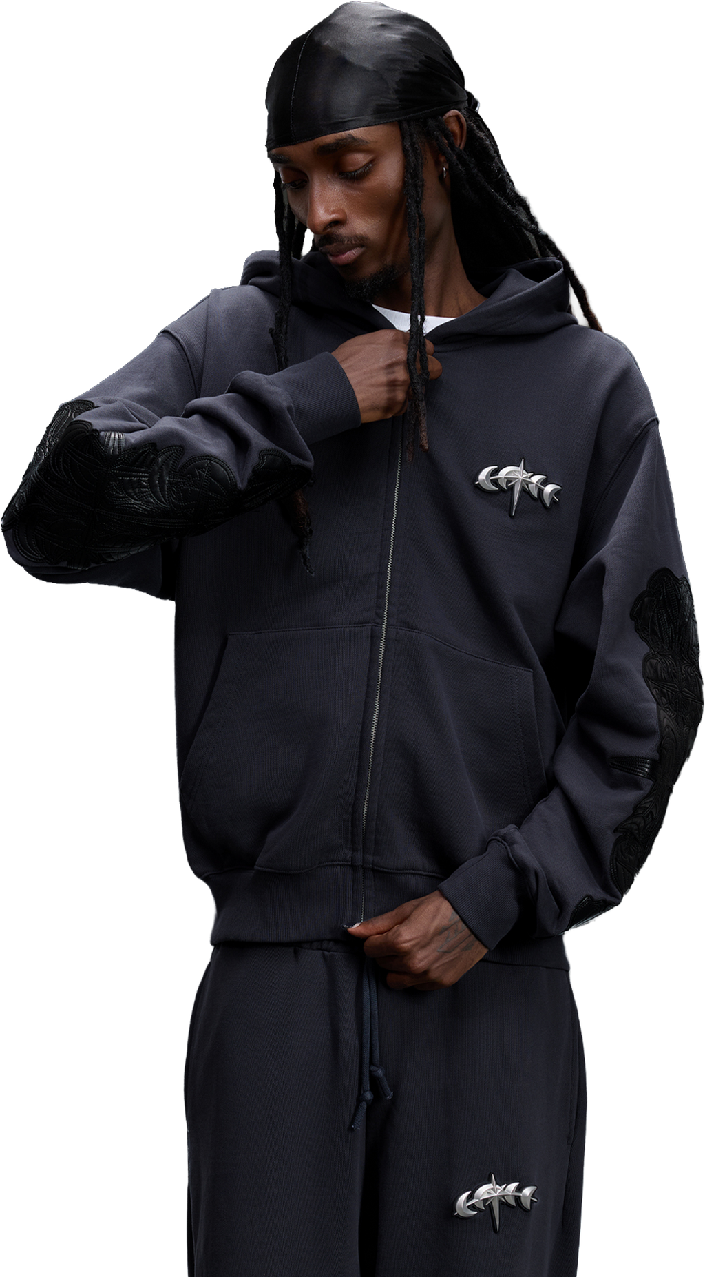 LEATHER PATCH ZIP HOODIE