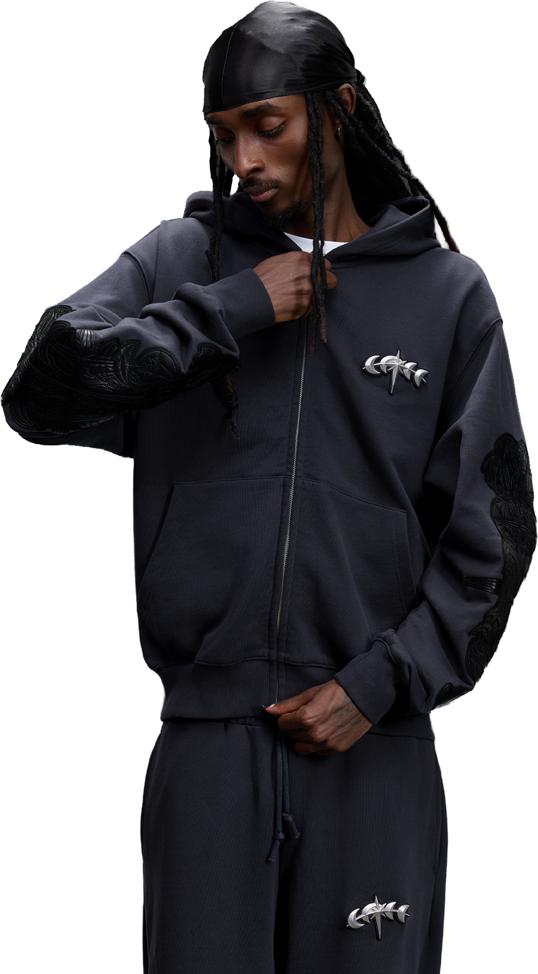 LEATHER PATCH ZIP HOODIE