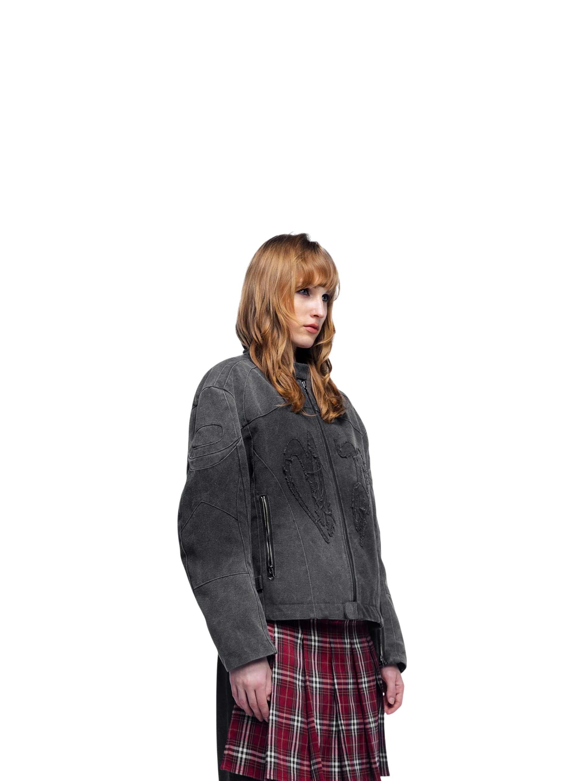 Female model styling TBHNP Prince of Darkness canvas moto jacket, front — men's streetwear