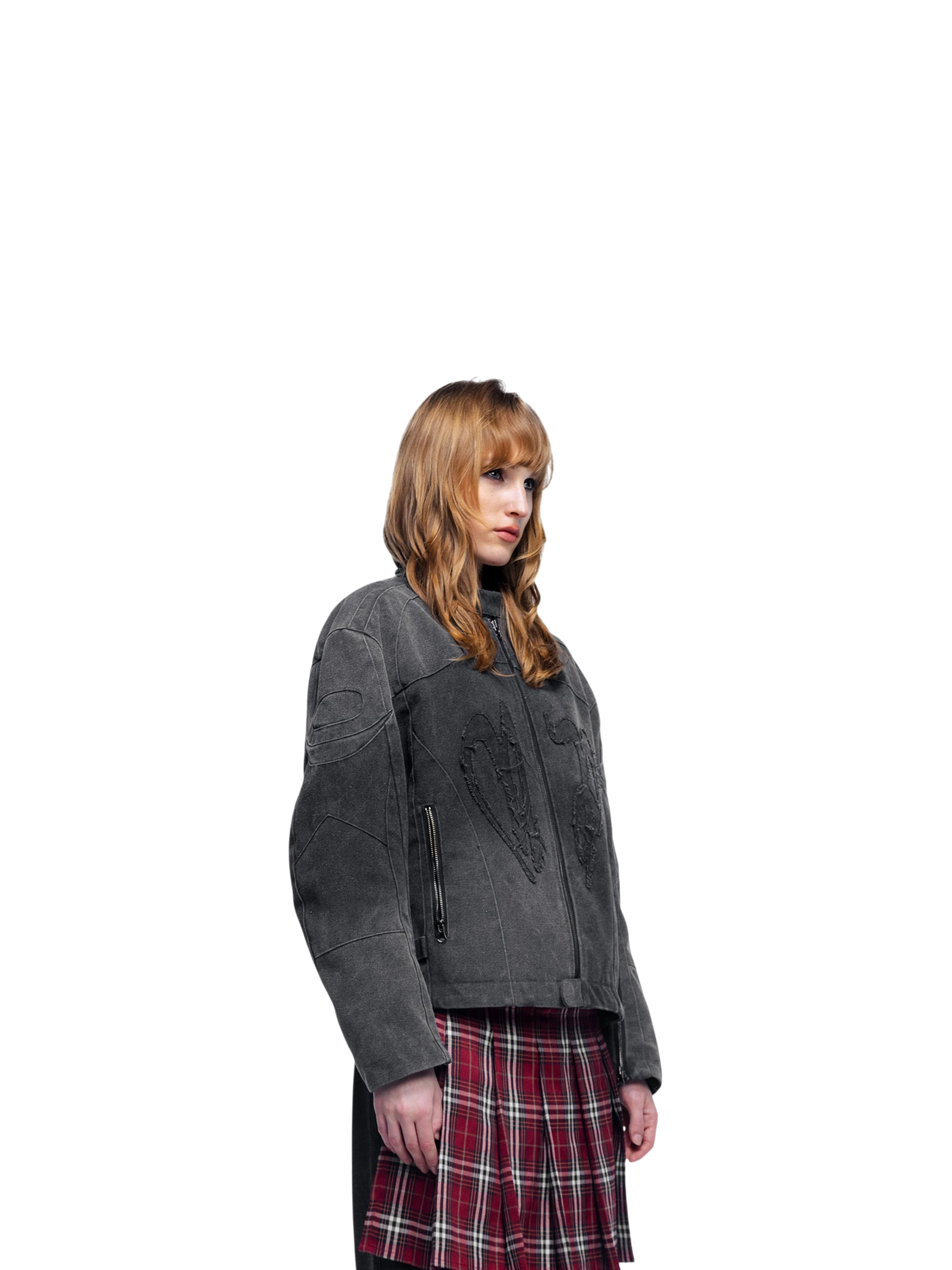 Female model styling TBHNP Prince of Darkness canvas moto jacket, front — men's streetwear