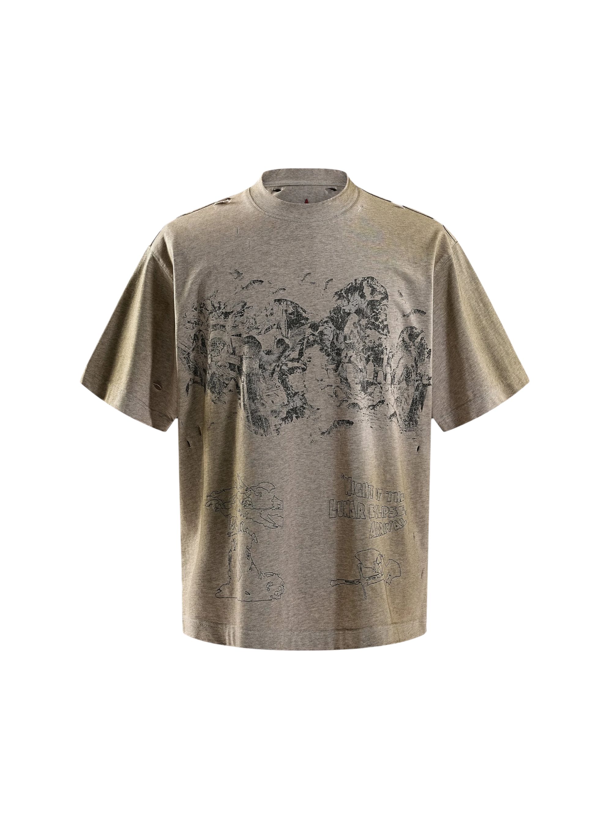TBHNP arrival deconstructed short-sleeve tee in floral grey, front flat-lay — men's streetwear tee