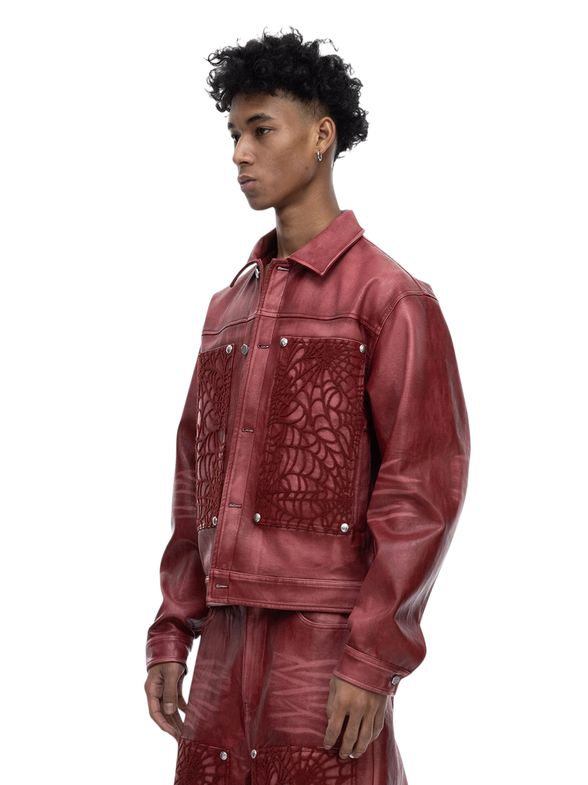 TBHNP Eclipse of the Blood Moon cobweb embroidered faux leather jacket — men's gothic streetwear jacket
