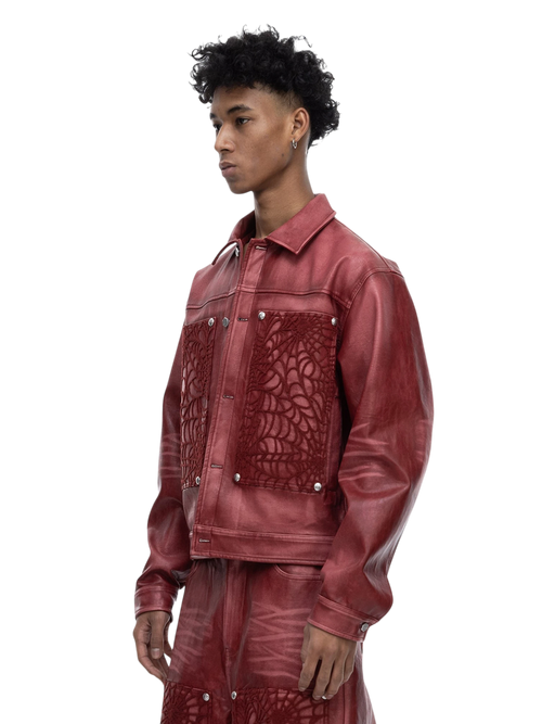 ECLIPSE OF THE BLOOD MOON COBWEB EMBROIDERED FAUX LEATHER JACKET