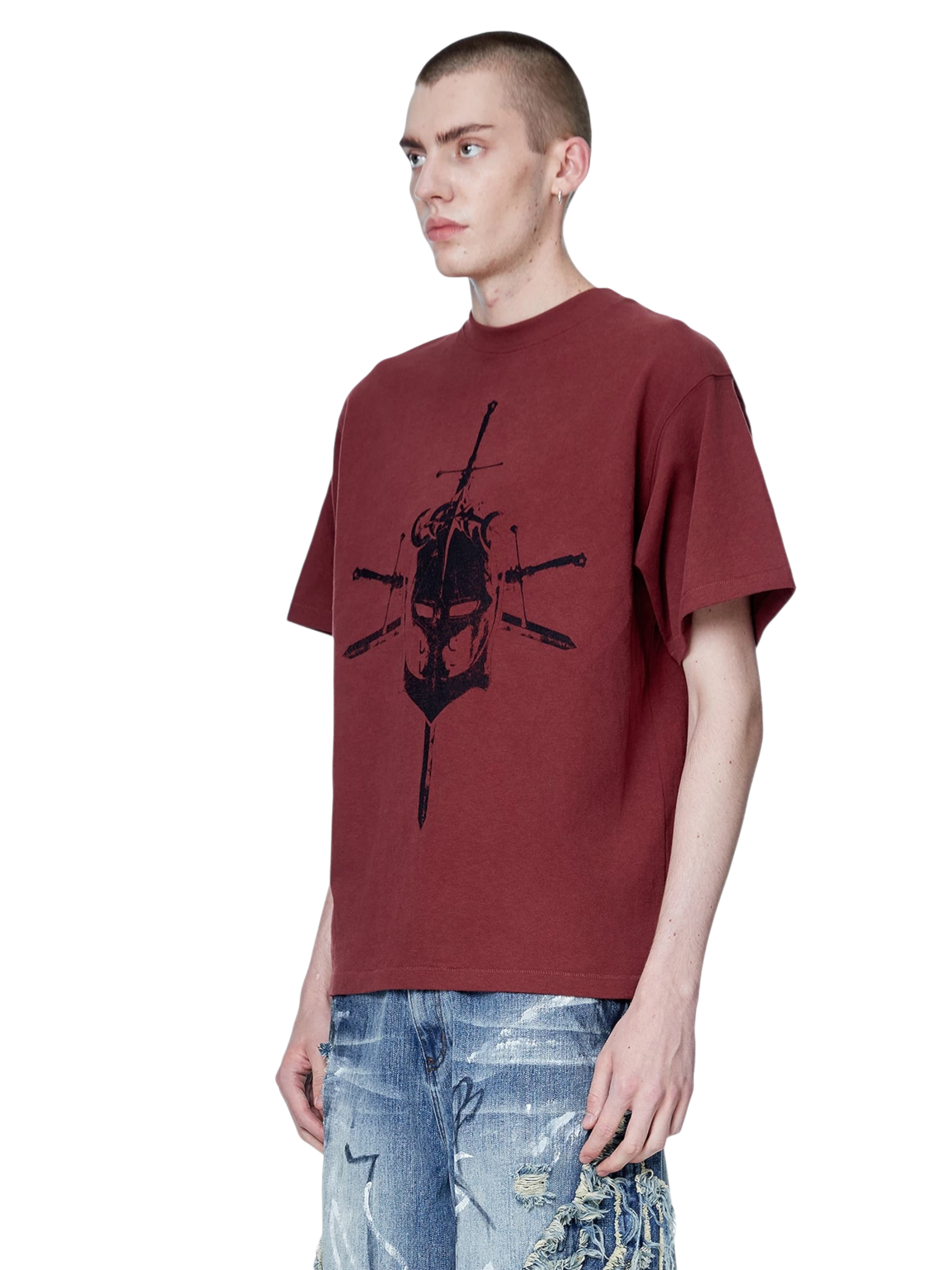 Model styling TBHNP red Knight & Sword tee, front detail — men's streetwear tee