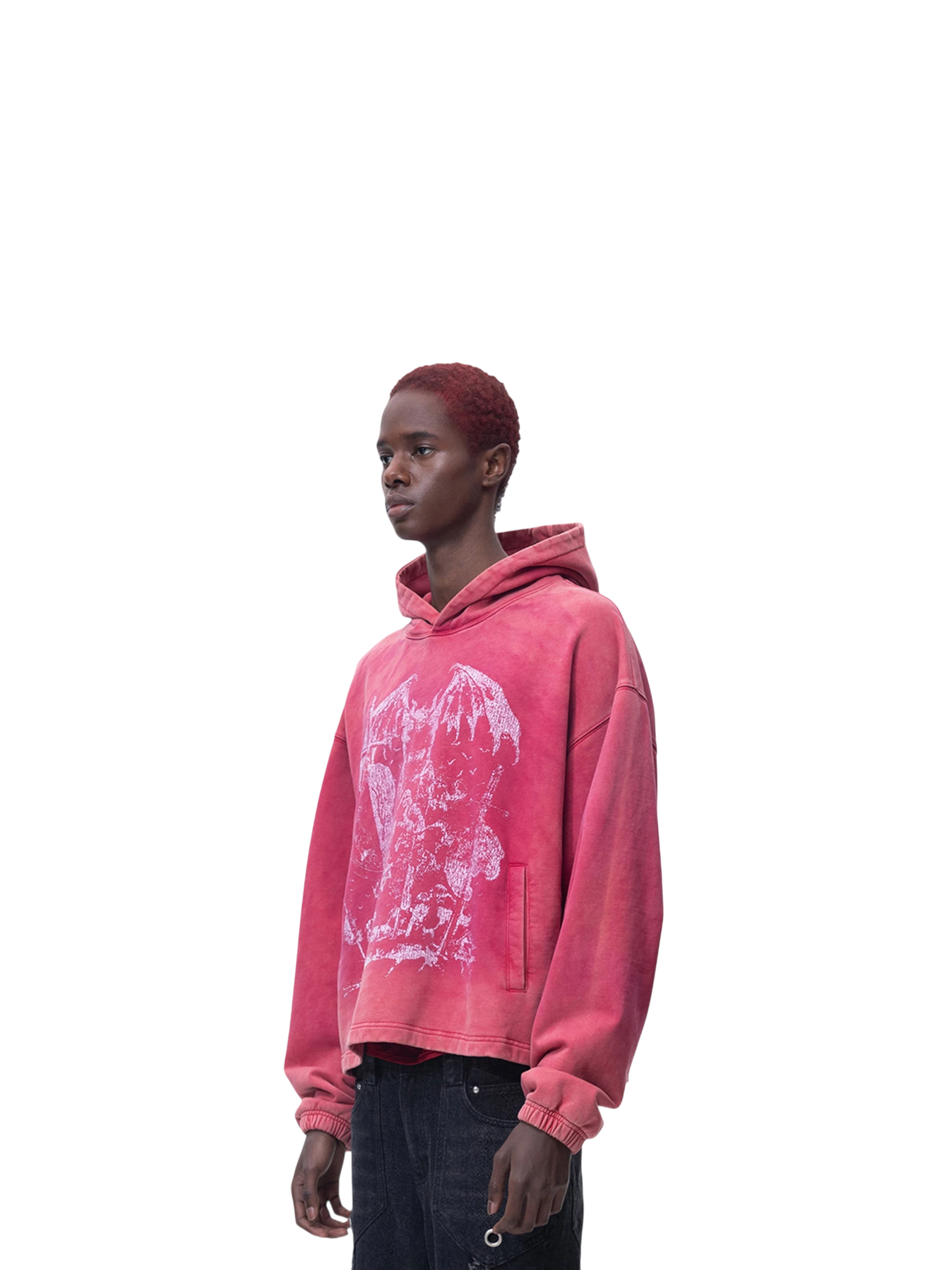 Model in TBHNP red knight hoodie, side view — men's streetwear hoodie
