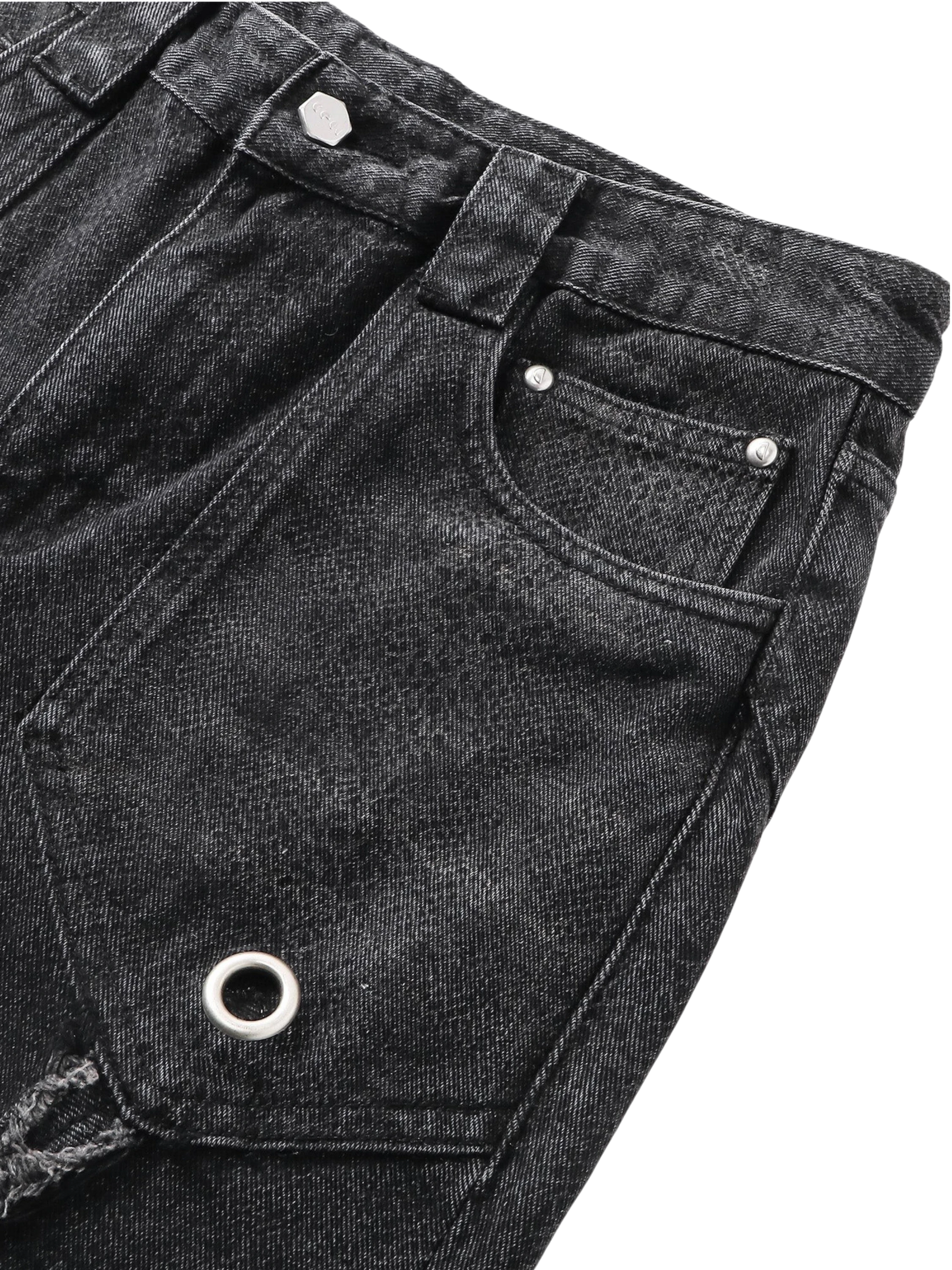 Close-up of the snake-curve topstitched seam on TBHNP cobra print jeans — men's streetwear detail
