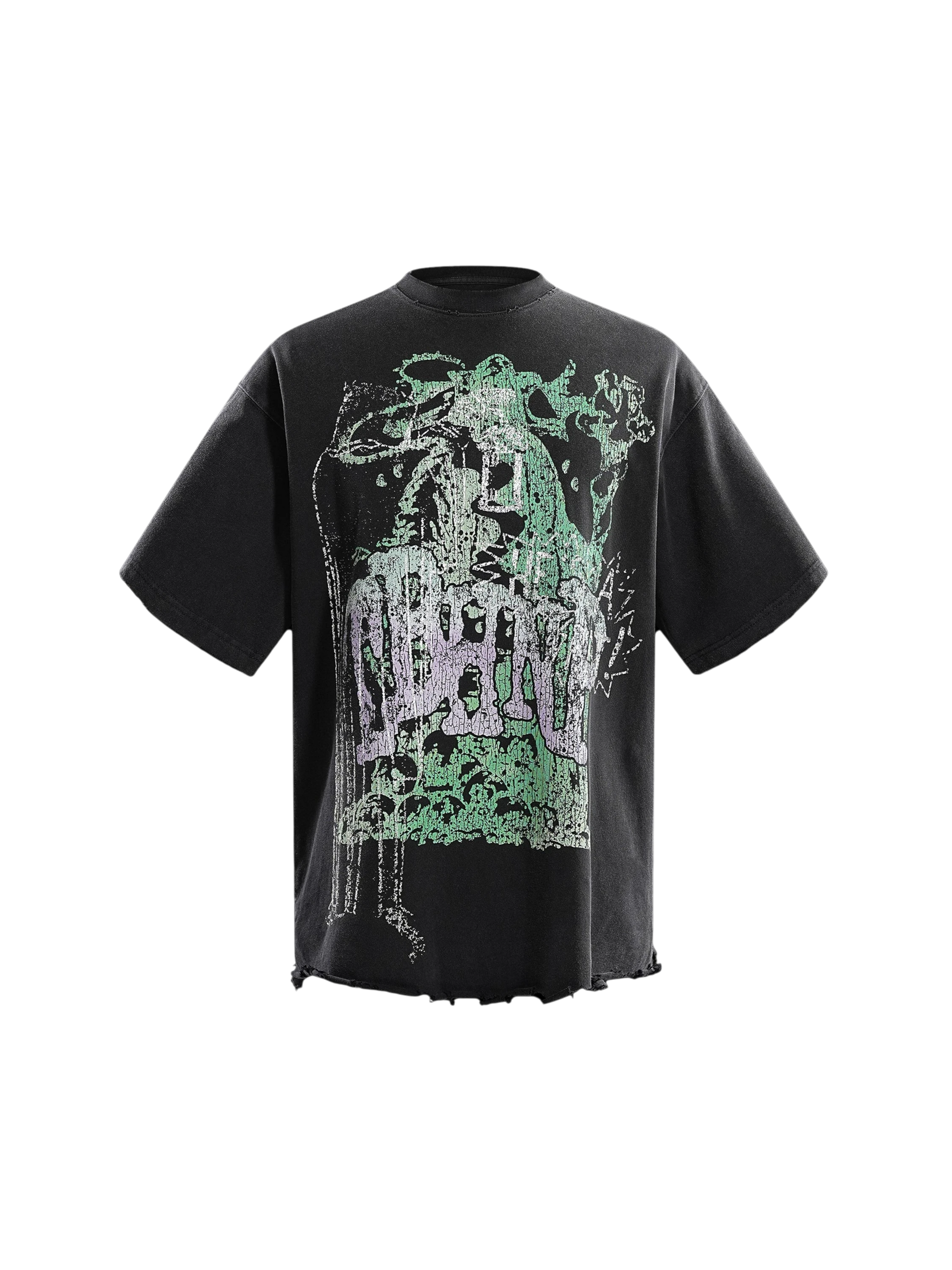 TBHNP Wraith Sorcerer destroyed short-sleeve tee in black, front flat-lay — men's streetwear tee