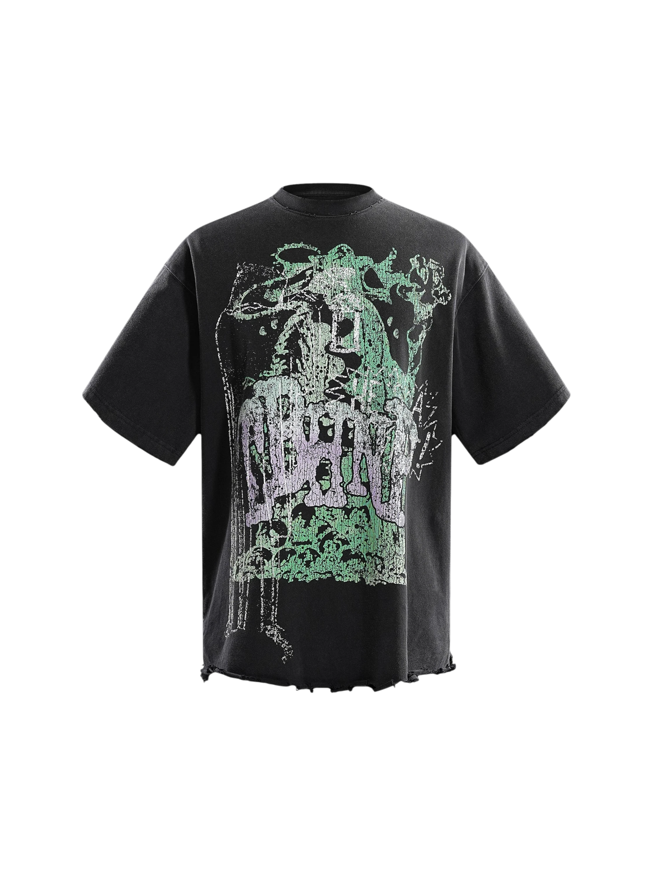 TBHNP Wraith Sorcerer destroyed short-sleeve tee in black, front flat-lay — men's streetwear tee