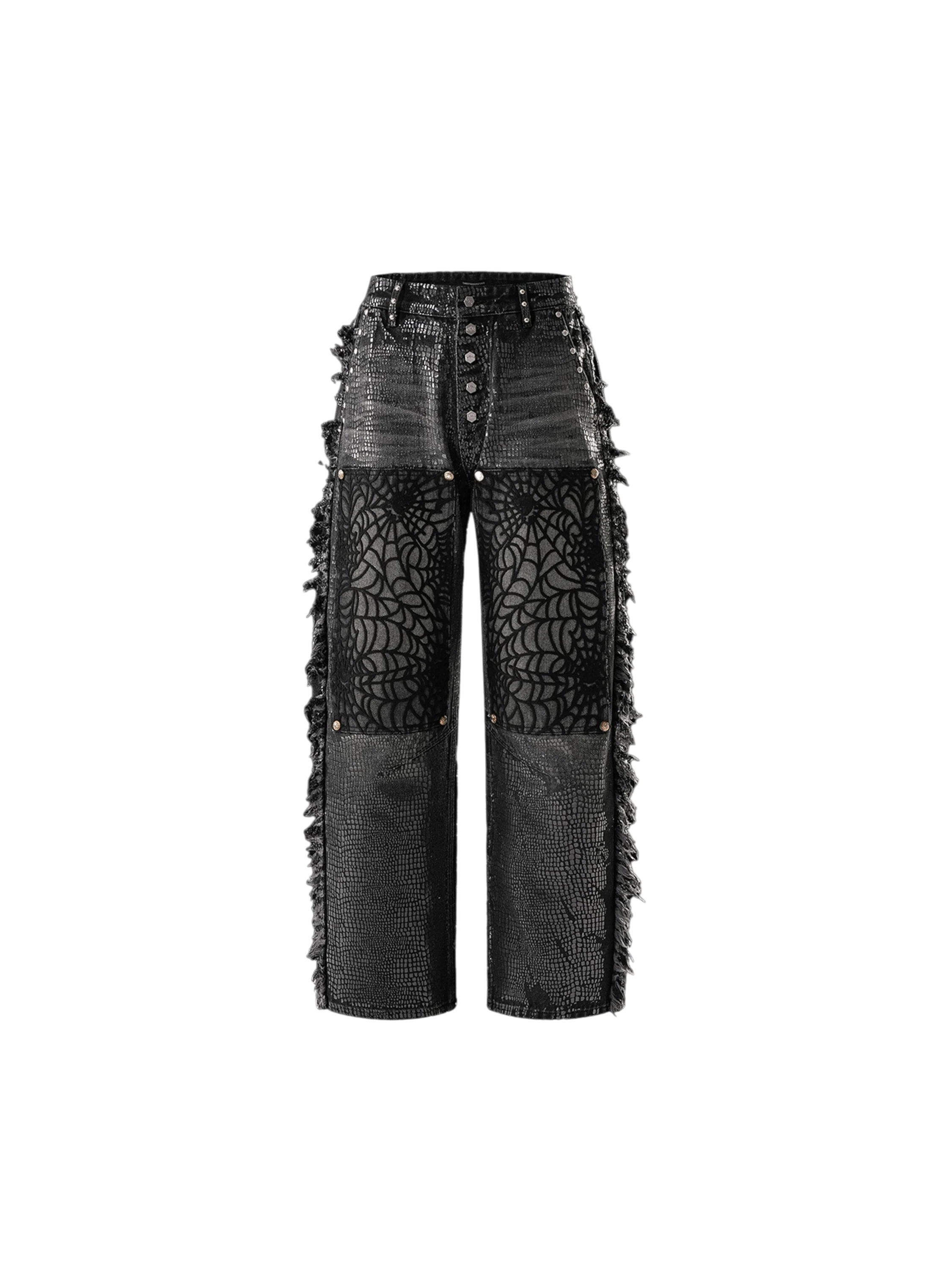 TBHNP Luminous Dawn cobweb fringed baggy jeans — men's streetwear denim