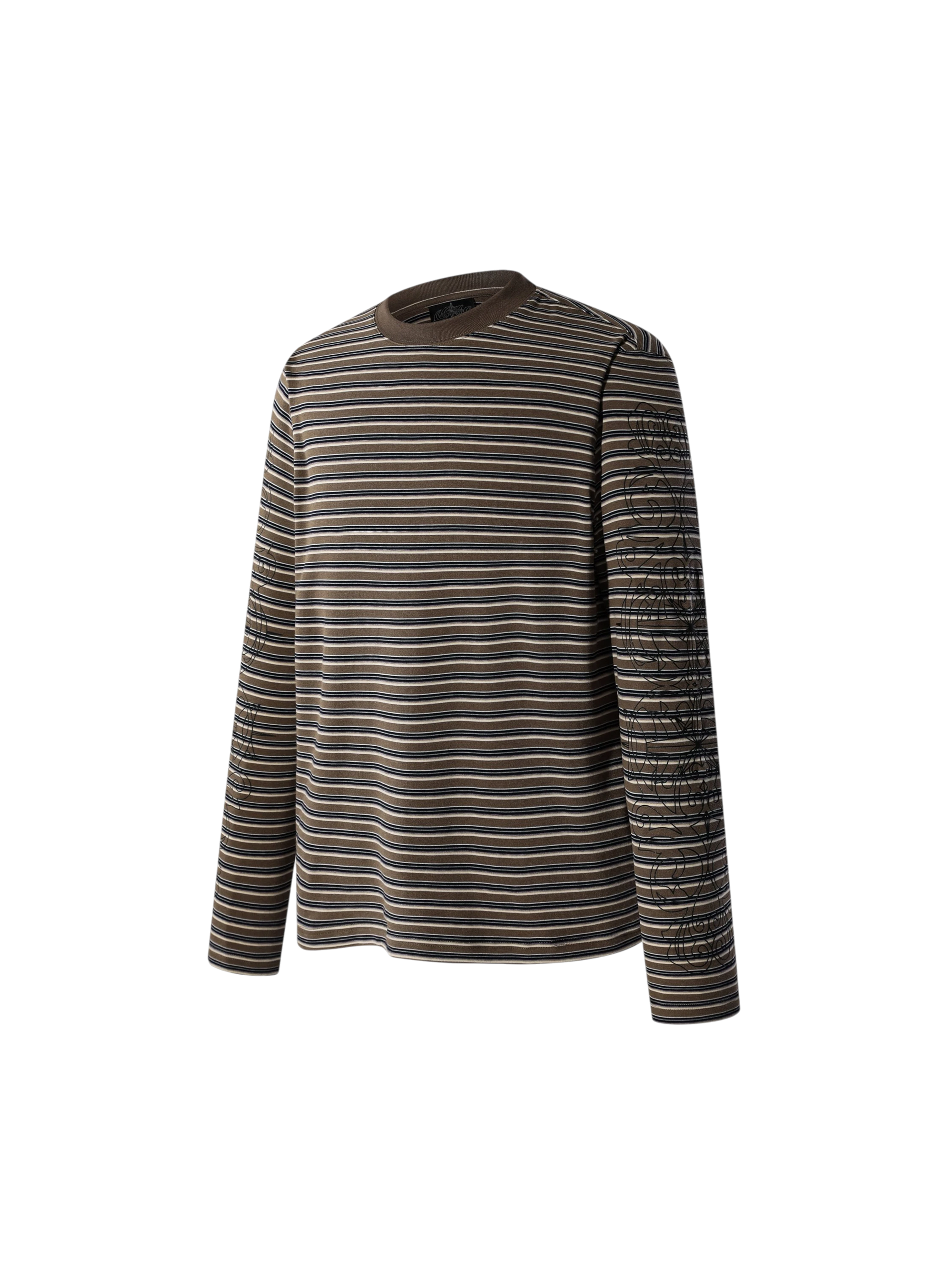 Luminous Dawn striped long-sleeve tee, neckline detail