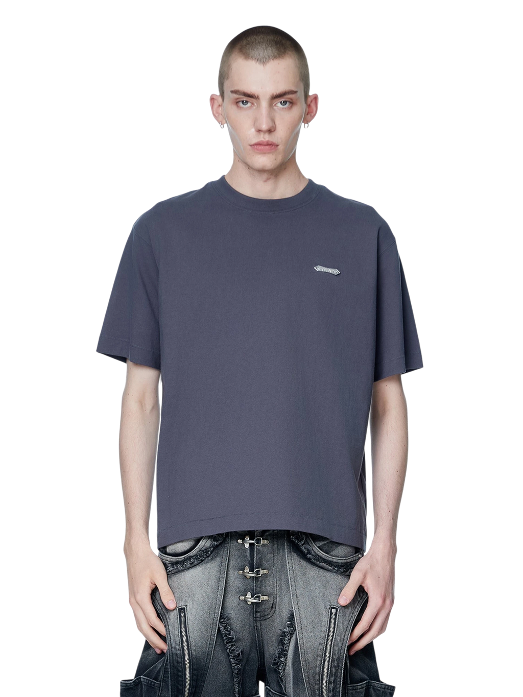 Model wearing TBHNP dark grey Emblem & Shadowbat tee, front — men's streetwear tee