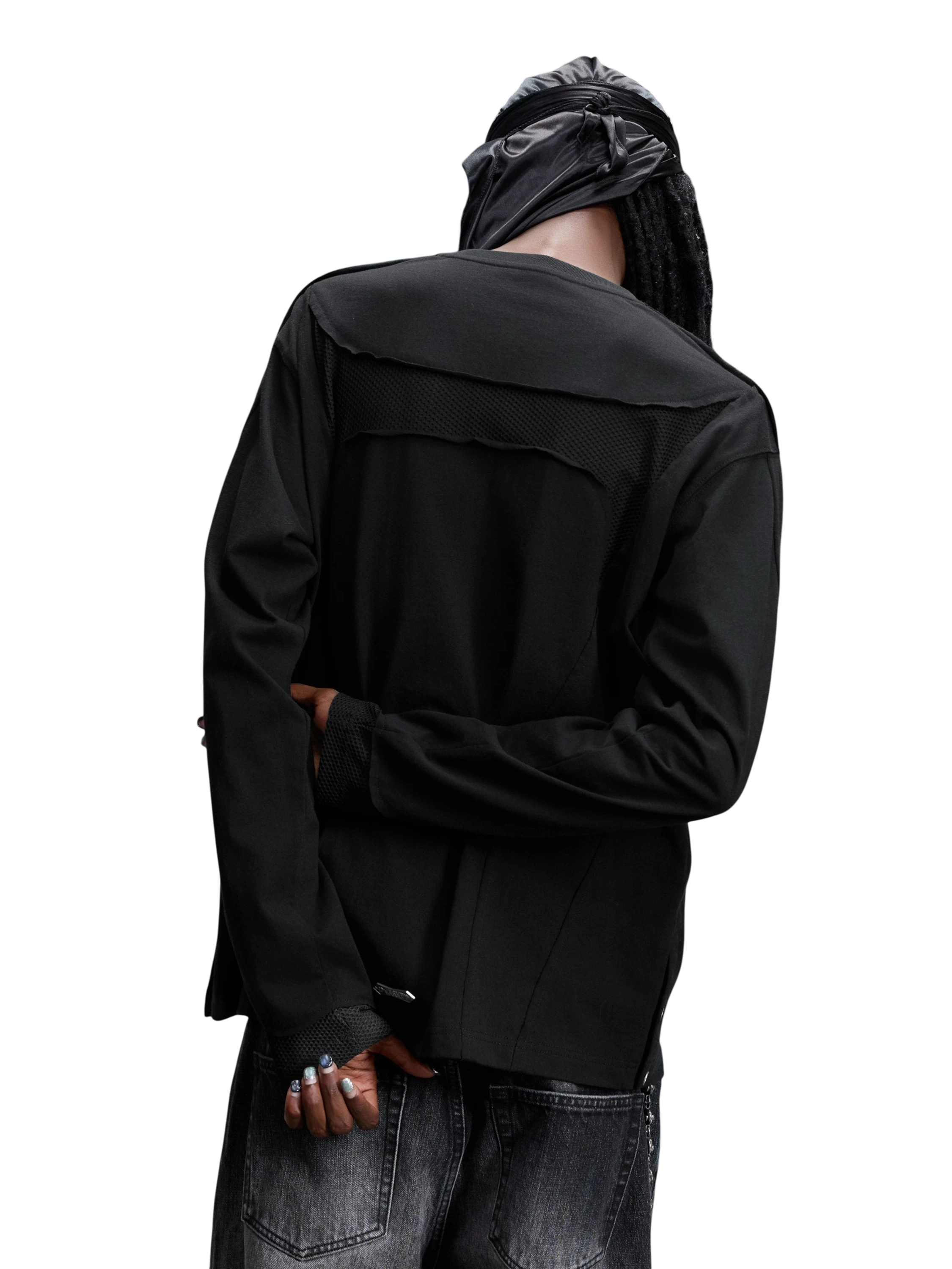 TBHNP Luminous Dawn sculpted mesh-panel long sleeve tee with metallic astral emblem — gothic streetwear