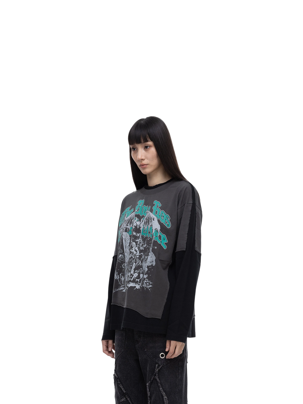 Female model styling TBHNP black knight long-sleeve tee, front detail — men's streetwear tee