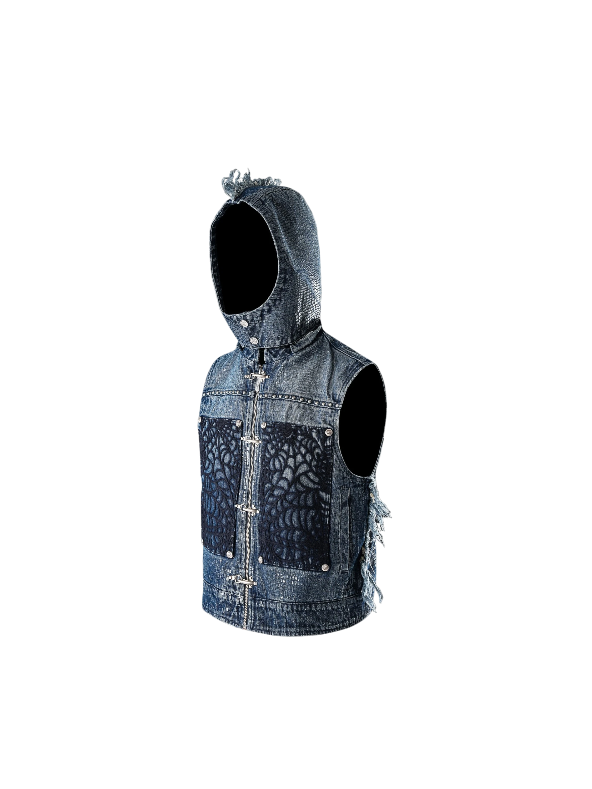 TBHNP Luminous Dawn cobweb distressed denim vest — men's streetwear vest