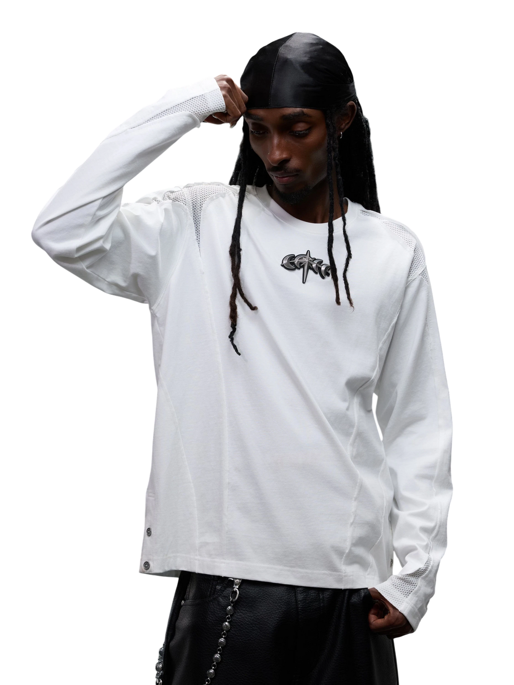 TBHNP Luminous Dawn sculpted mesh-panel long sleeve tee with metallic astral emblem — gothic streetwear