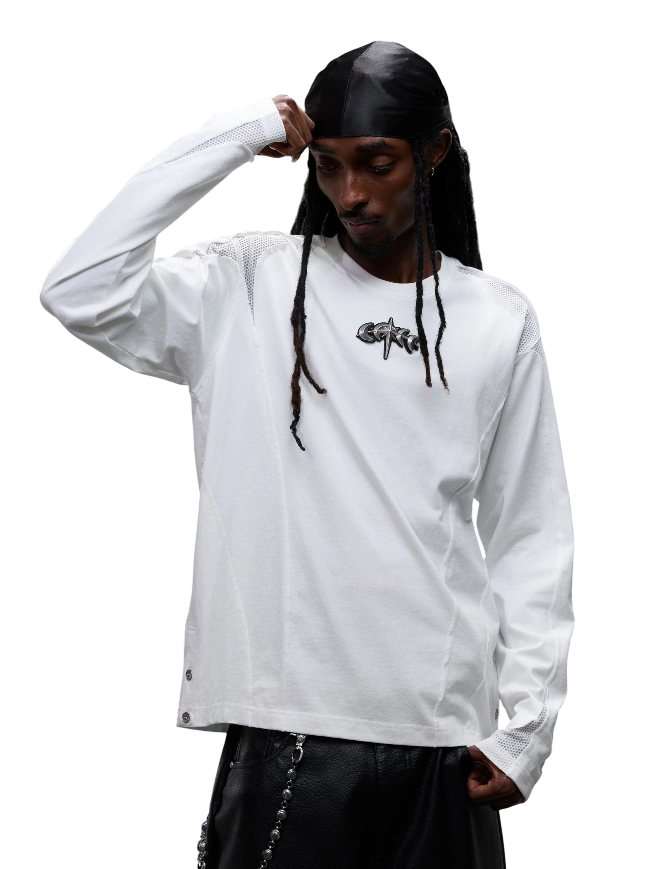 TBHNP Luminous Dawn sculpted mesh-panel long sleeve tee with metallic astral emblem — gothic streetwear