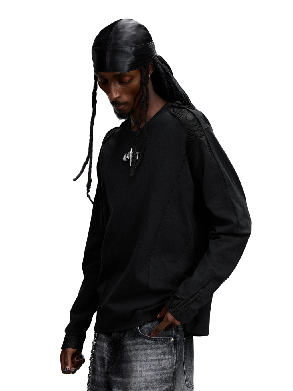 TBHNP Luminous Dawn sculpted mesh-panel long sleeve tee with metallic astral emblem — gothic streetwear