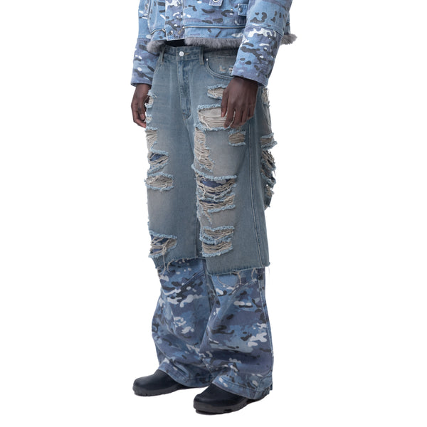 ECLIPSE OF THE BLOOD MOON DISTRESSED DENIM BLUE CAMOUFLAGE LAYERED PANTS