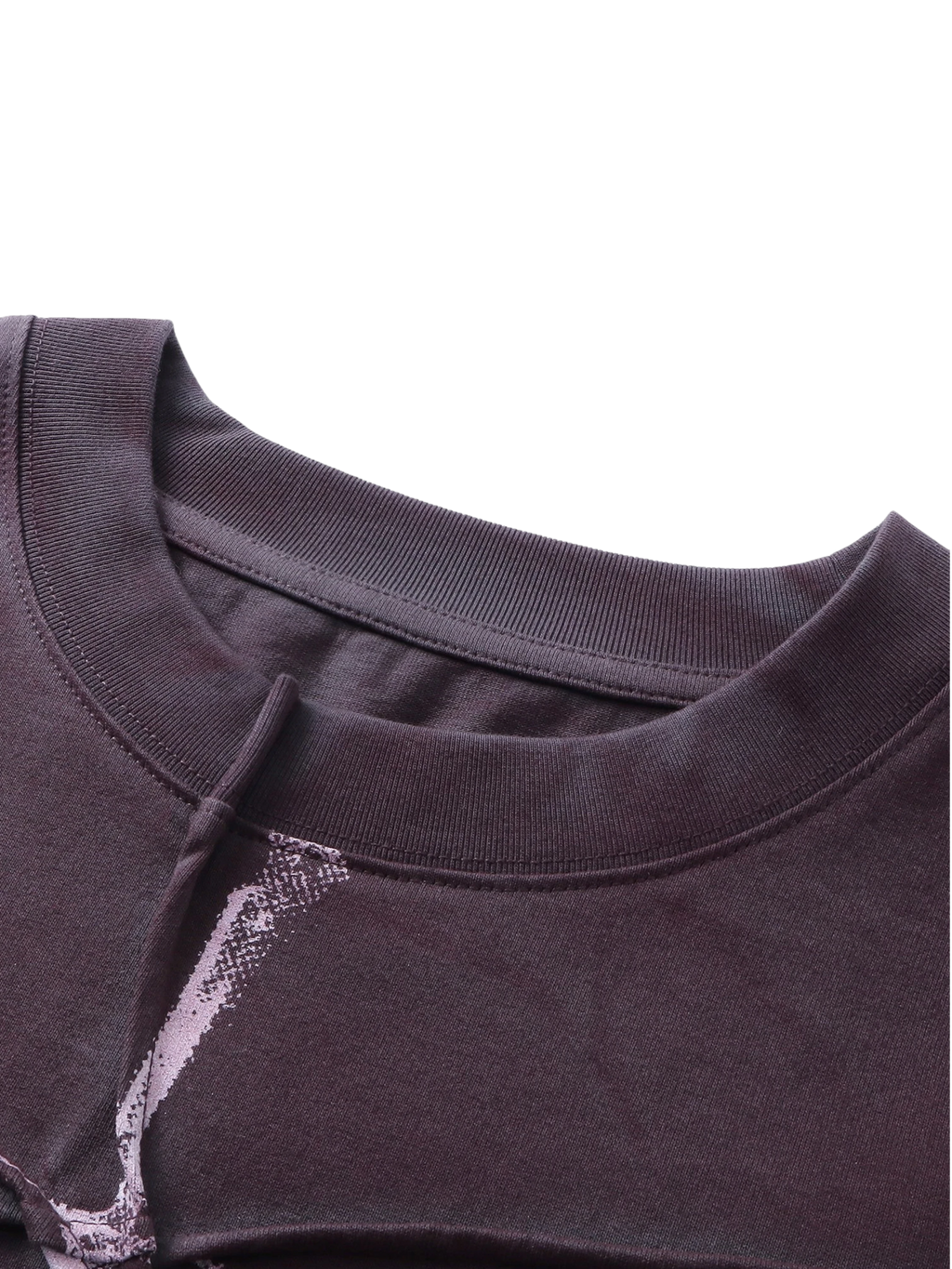 Close-up of the ribbed crew collar on TBHNP black long-sleeve tee — men's streetwear detail