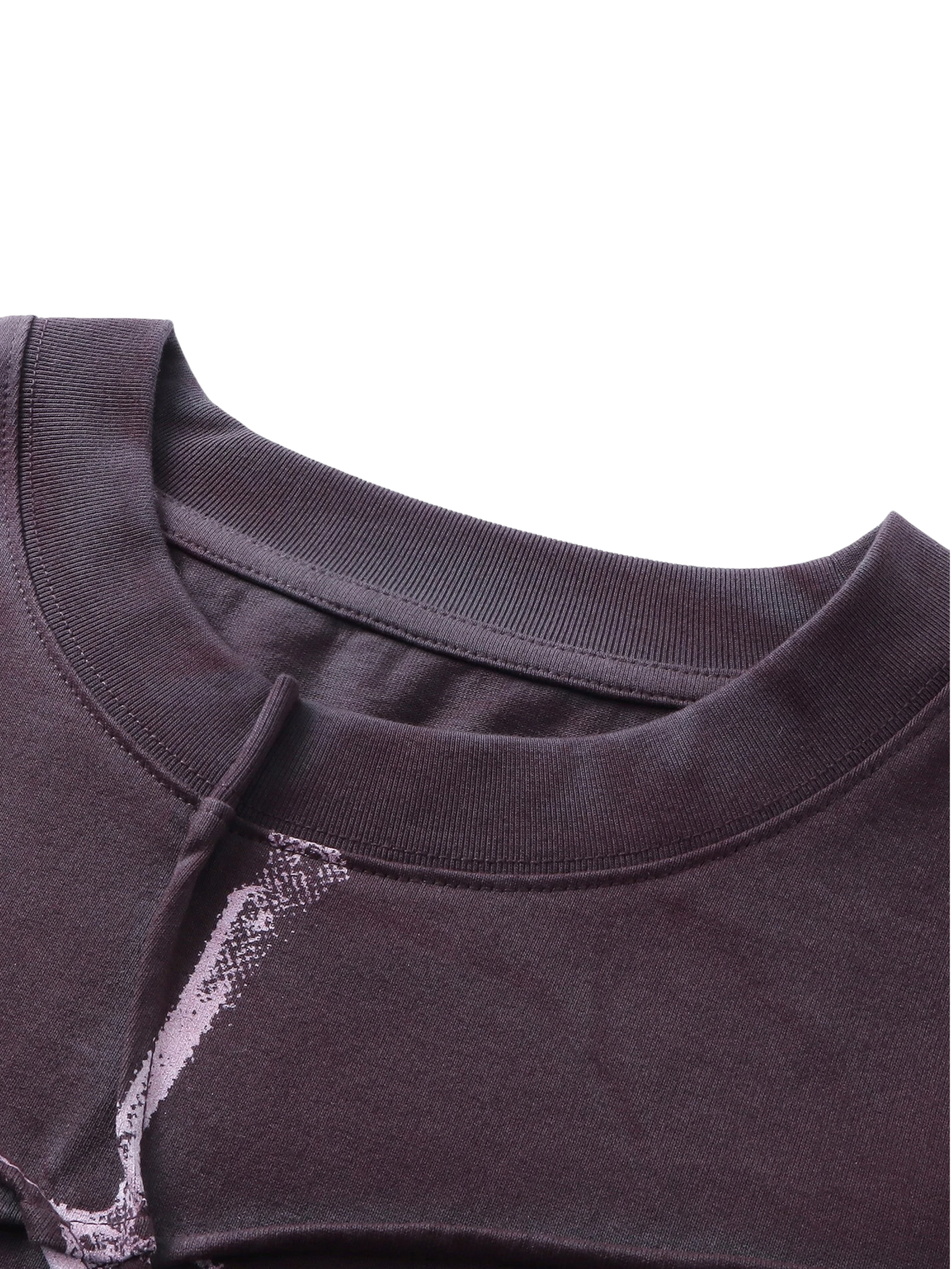 Close-up of the ribbed crew collar on TBHNP black long-sleeve tee — men's streetwear detail