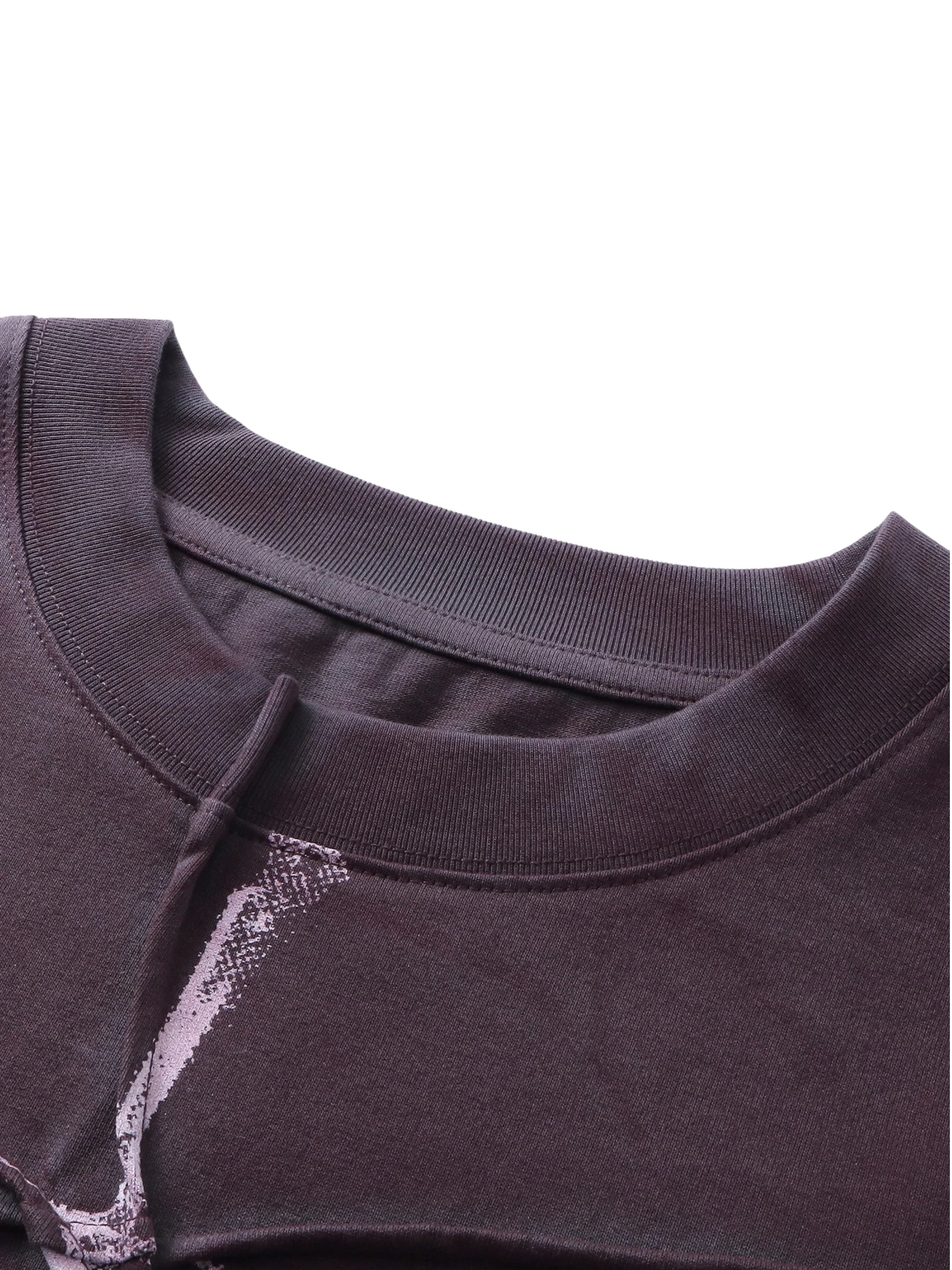 Close-up of the ribbed crew collar on TBHNP black long-sleeve tee — men's streetwear detail